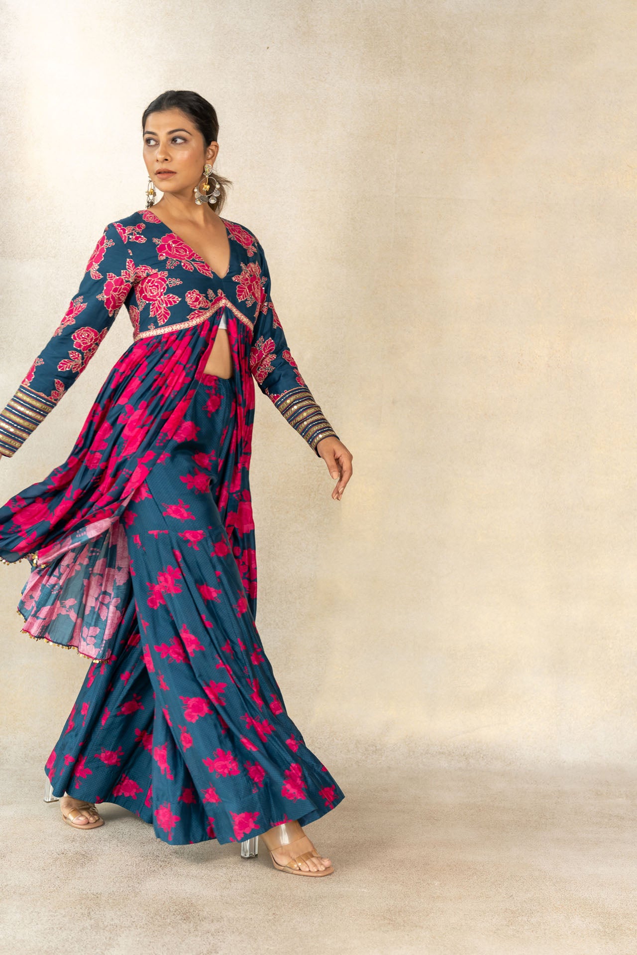 Teal blue floral printed sharara set