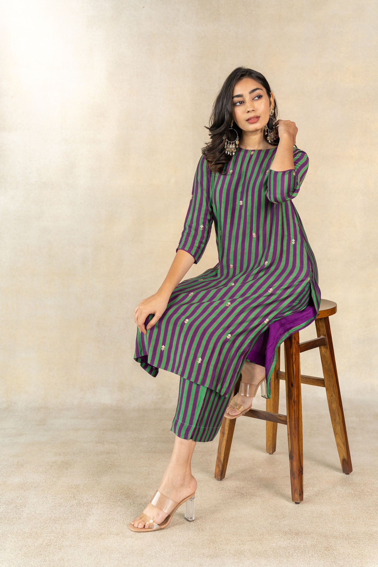 Green-purple multicolor striped printed kurta set