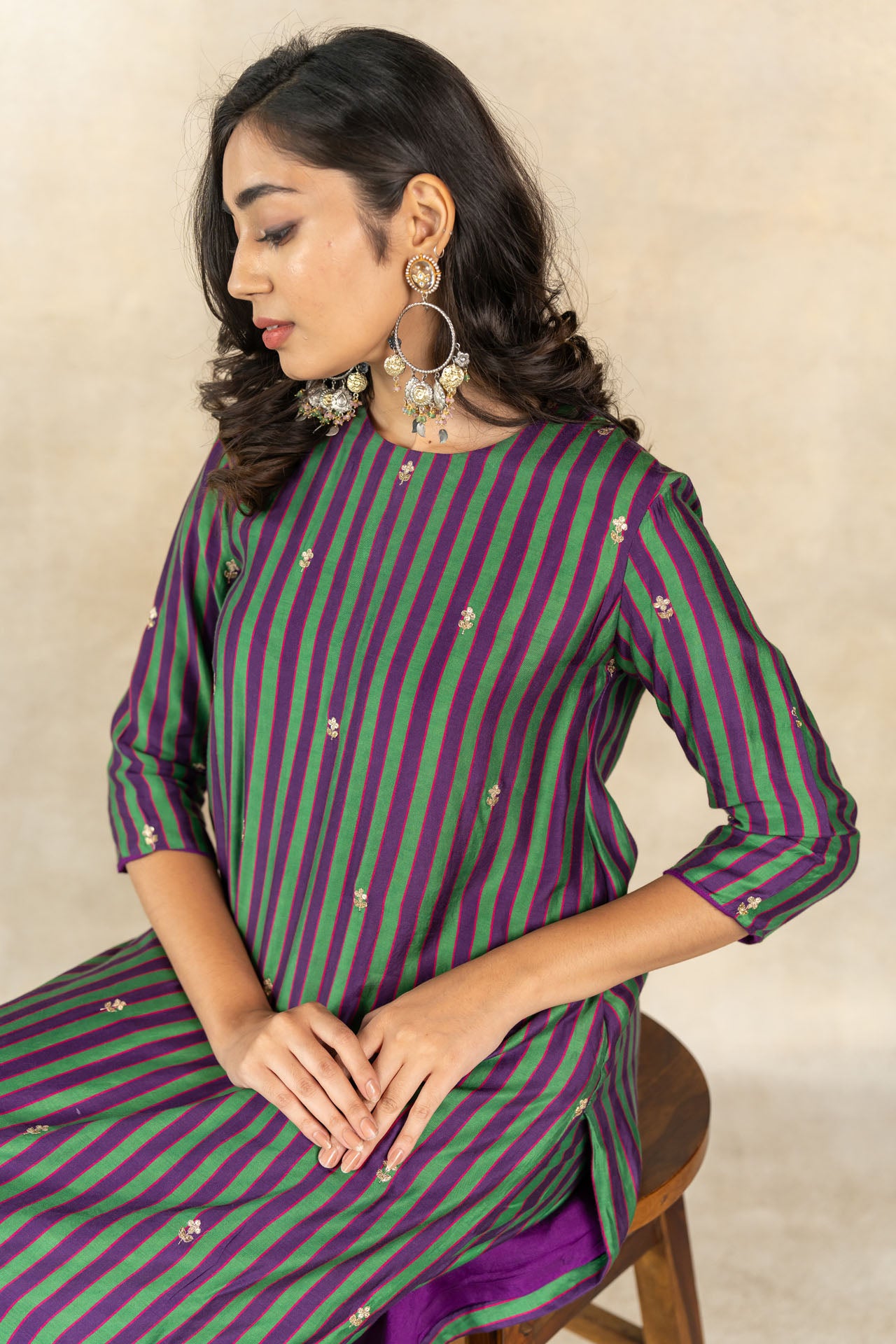 Green-purple multicolor striped printed kurta set