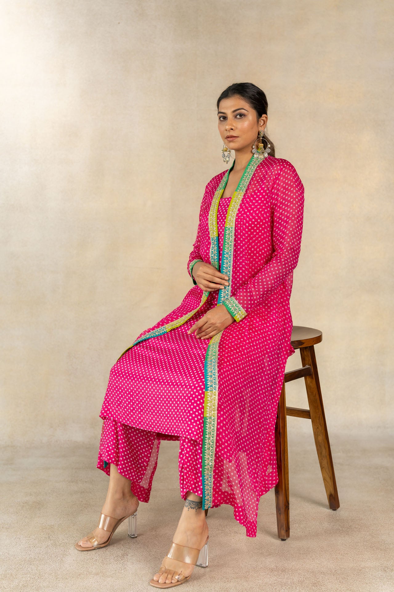 Pink bandhani printed jacket set