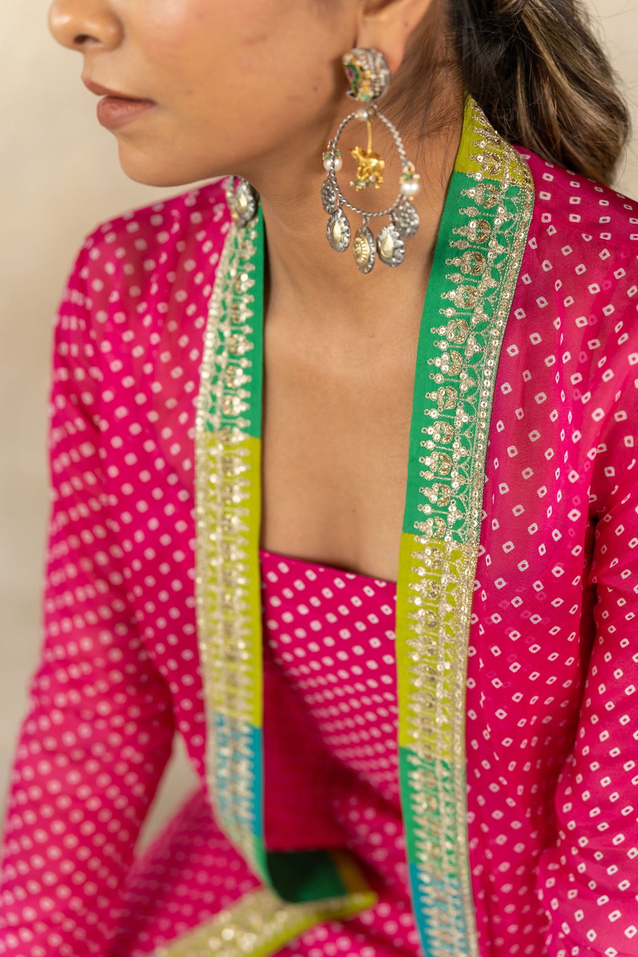 Pink bandhani printed jacket set