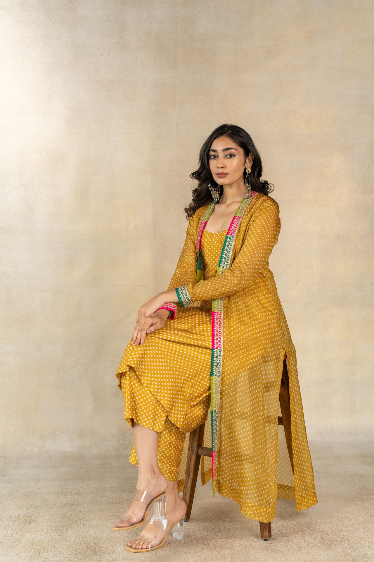 Mustard bandhani printed jacket set