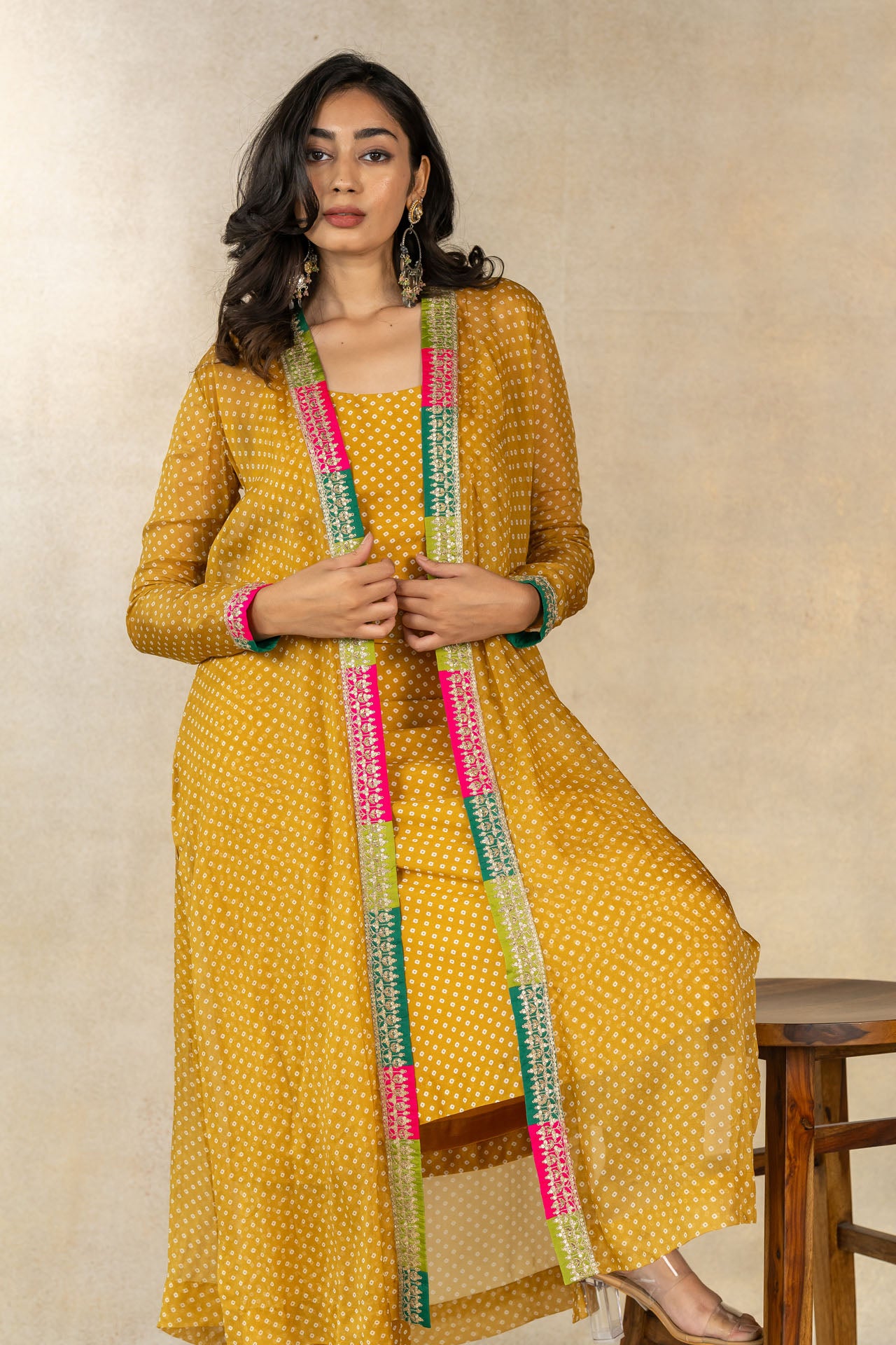 Mustard bandhani printed jacket set