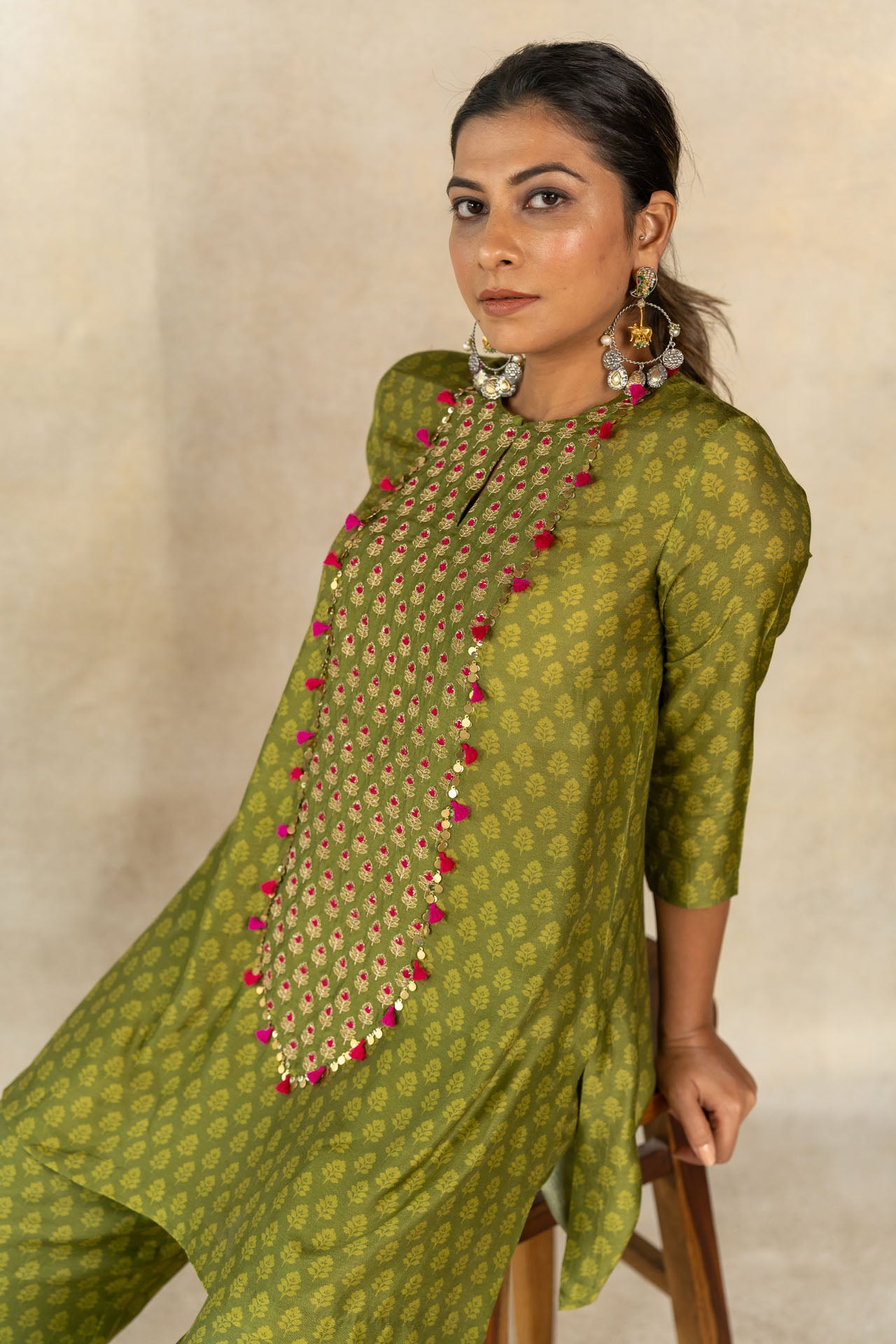 Mehendi green tonal motif printed yoke embroidered co-ord set