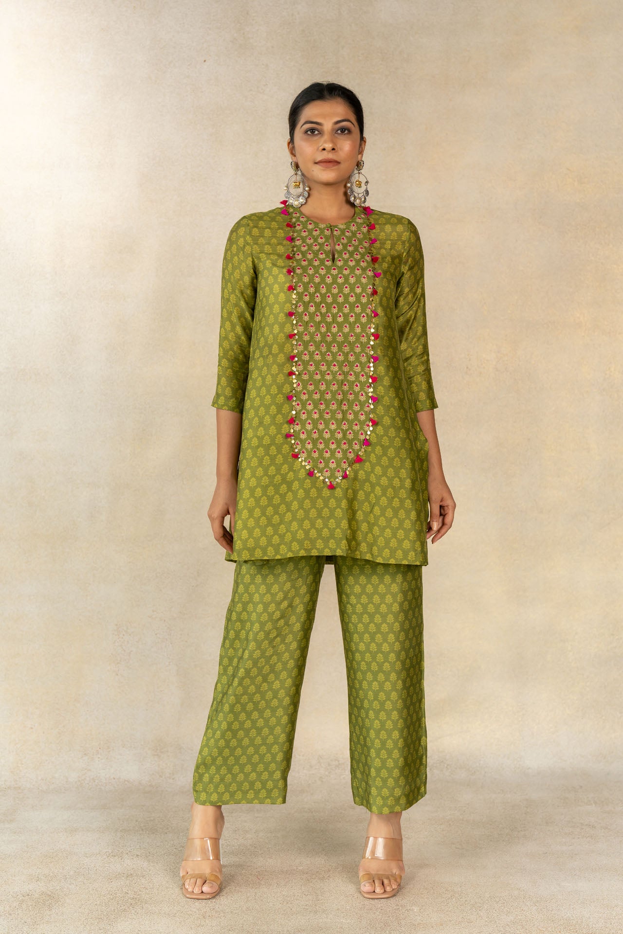 Mehendi green tonal motif printed yoke embroidered co-ord set