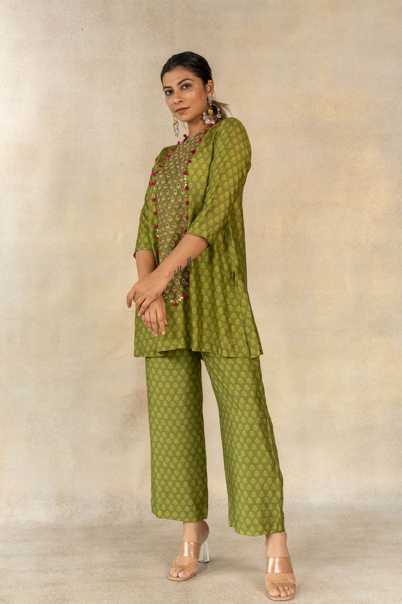Mehendi green tonal motif printed yoke embroidered co-ord set