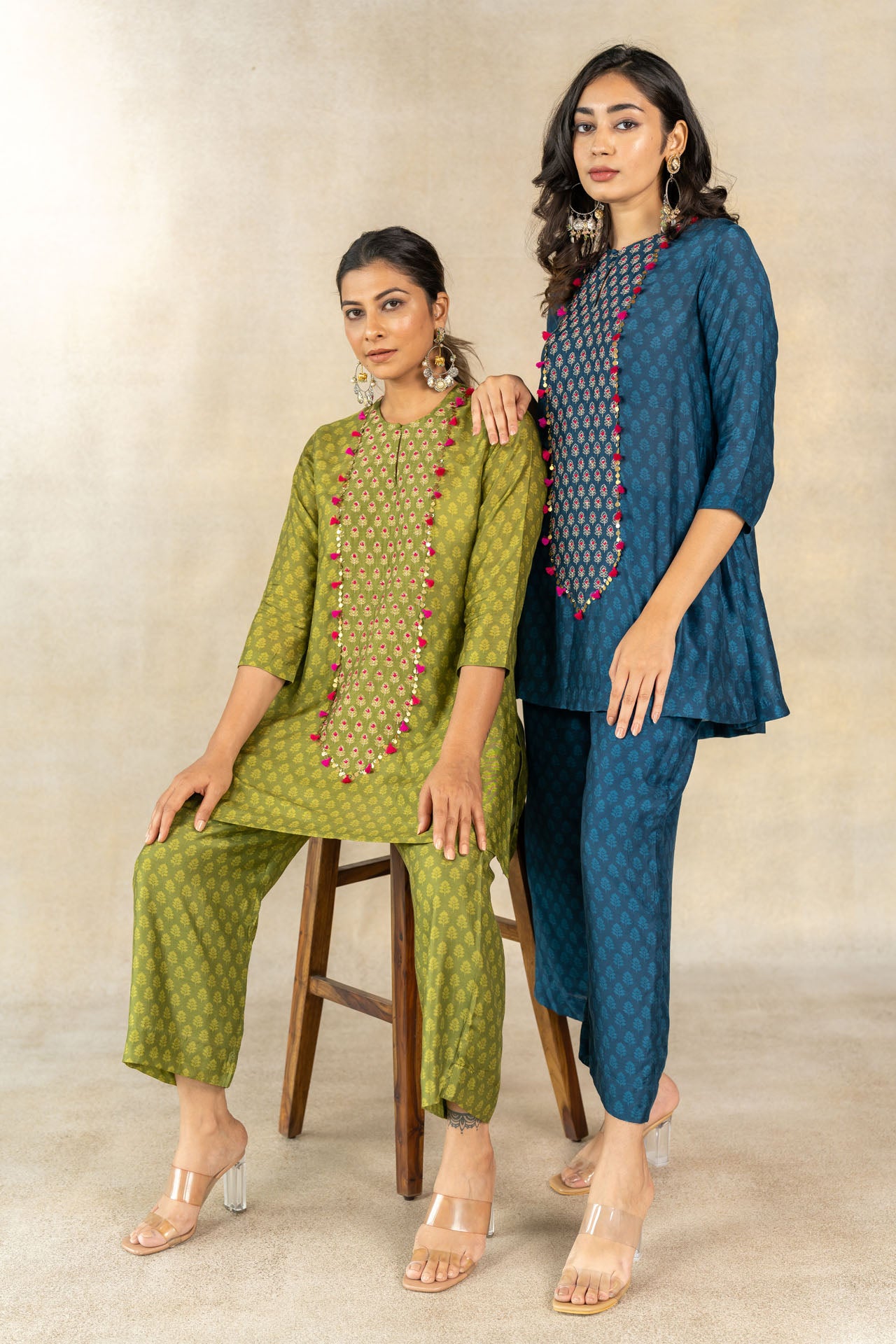 Mehendi green tonal motif printed yoke embroidered co-ord set