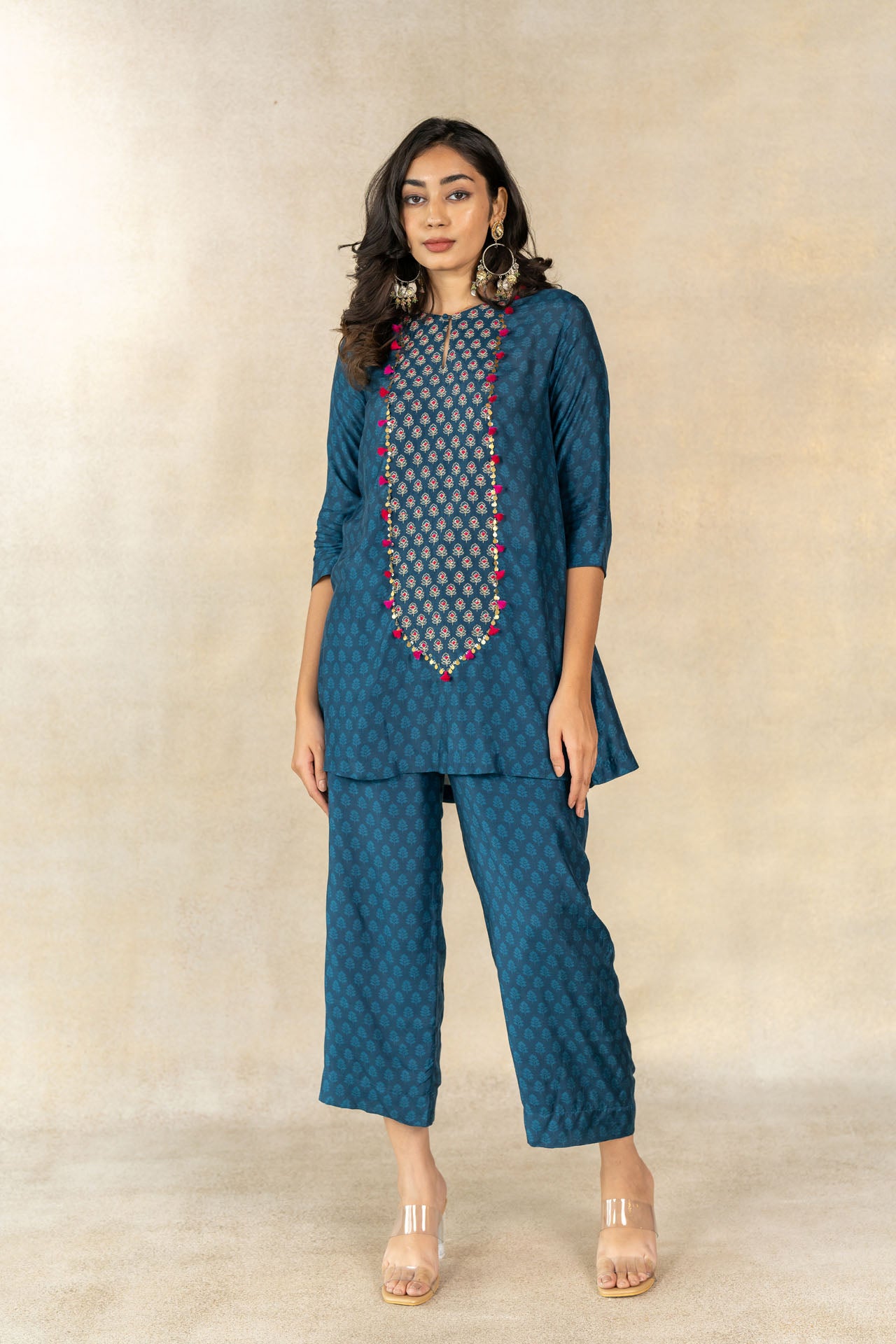 Teal blue tonal motif printed yoke embroidered co-ord set