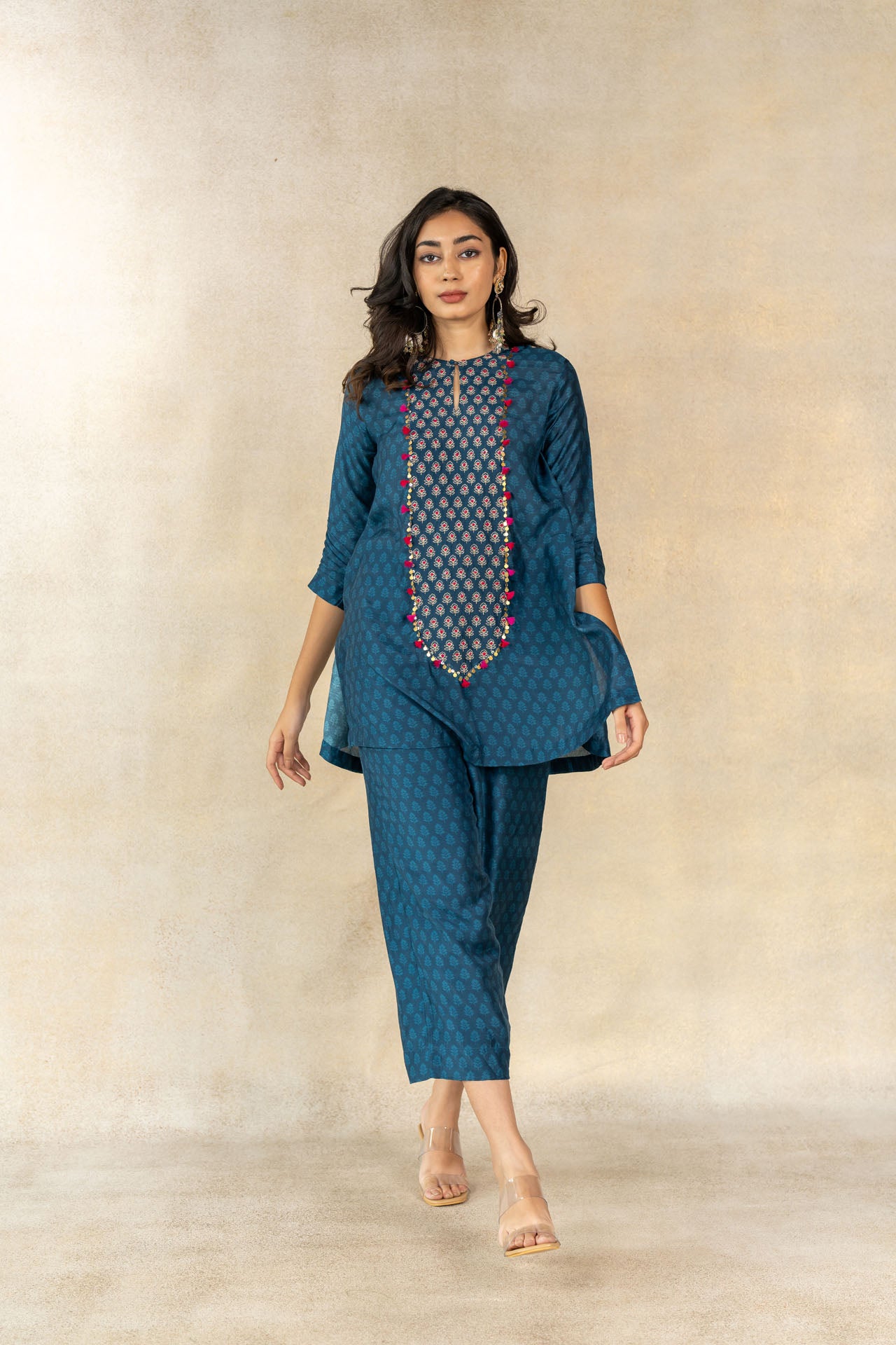Teal blue tonal motif printed yoke embroidered co-ord set