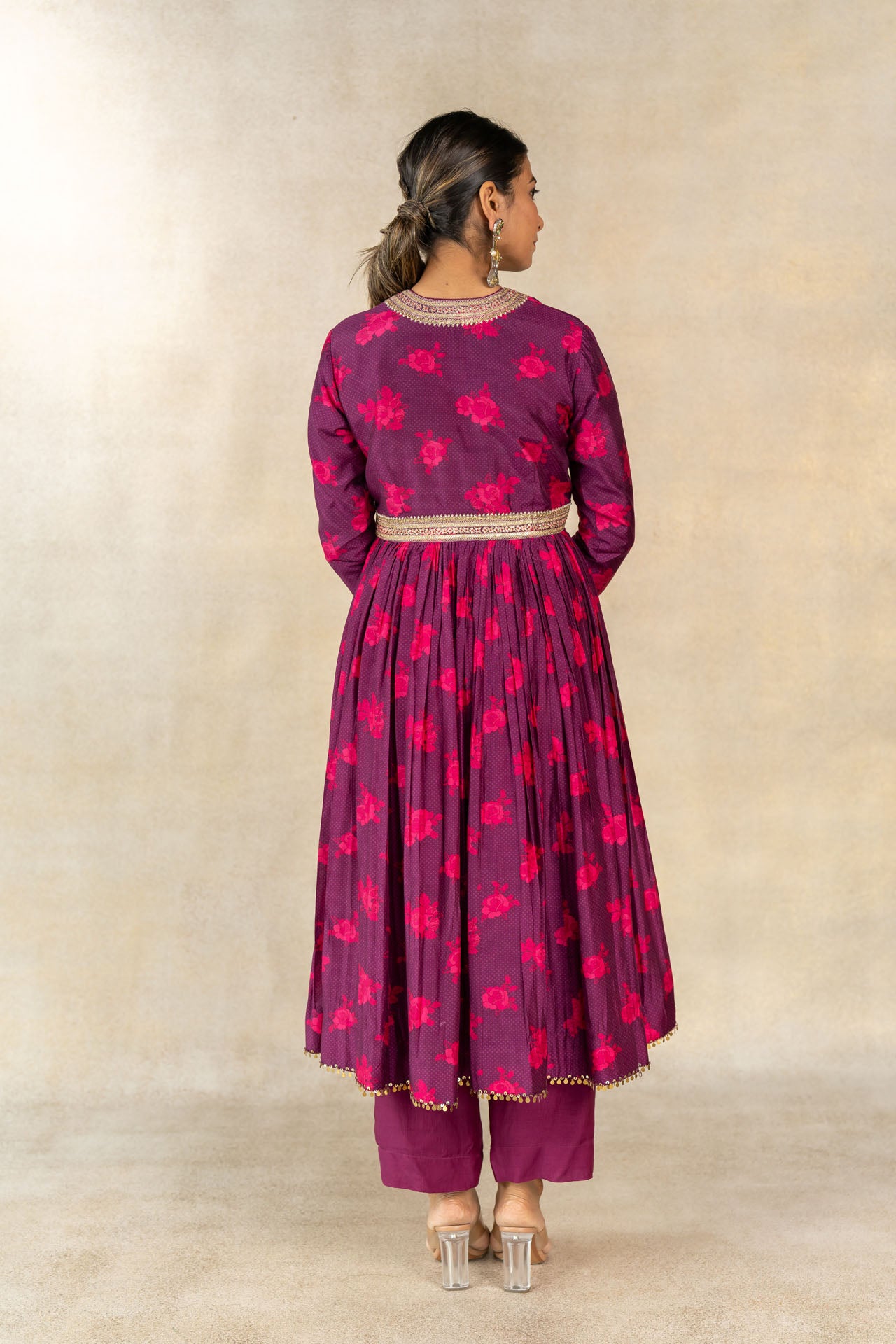 Magenta floral-dot printed anarkali set
