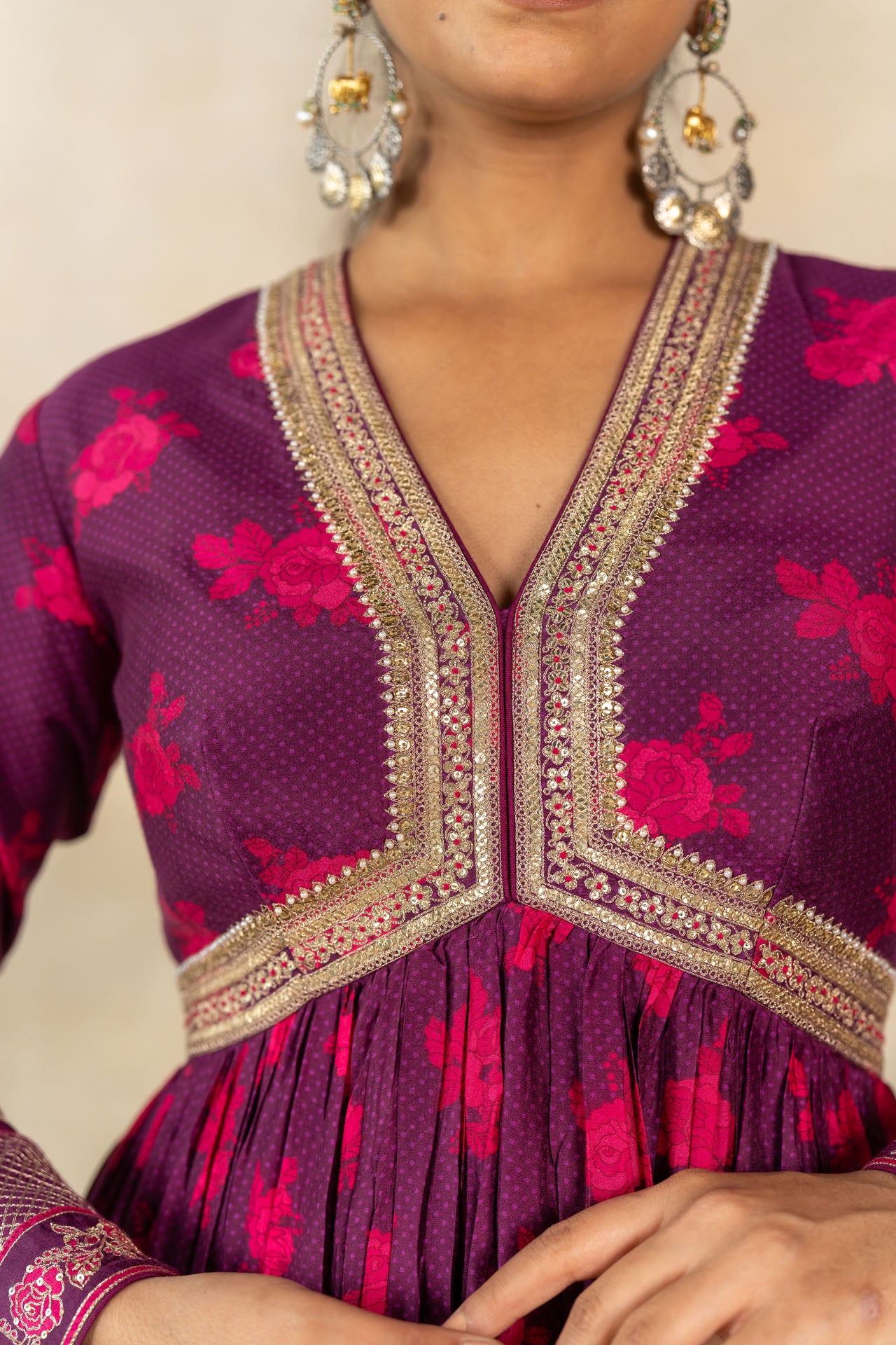 Magenta floral-dot printed anarkali set