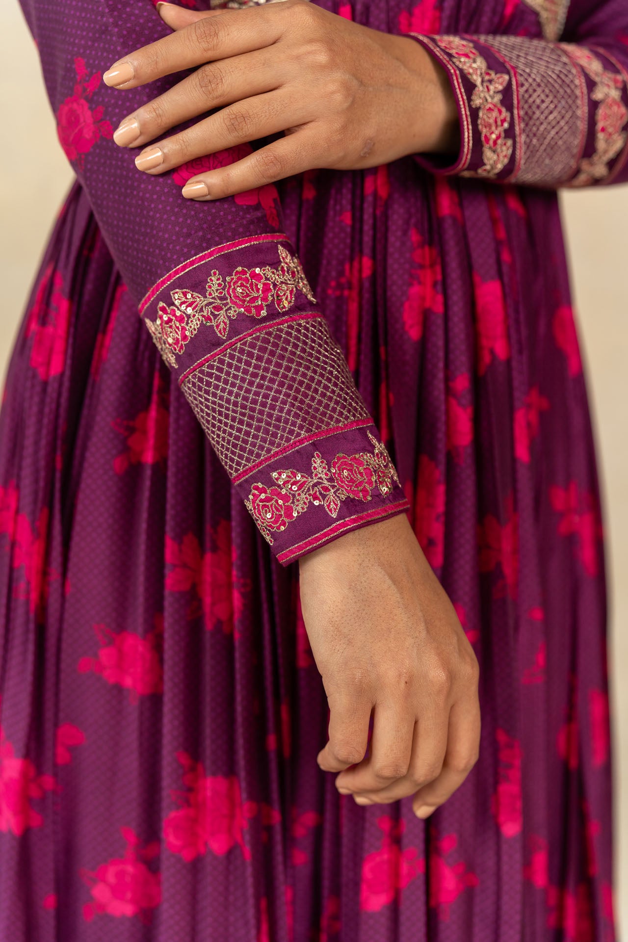 Magenta floral-dot printed anarkali set