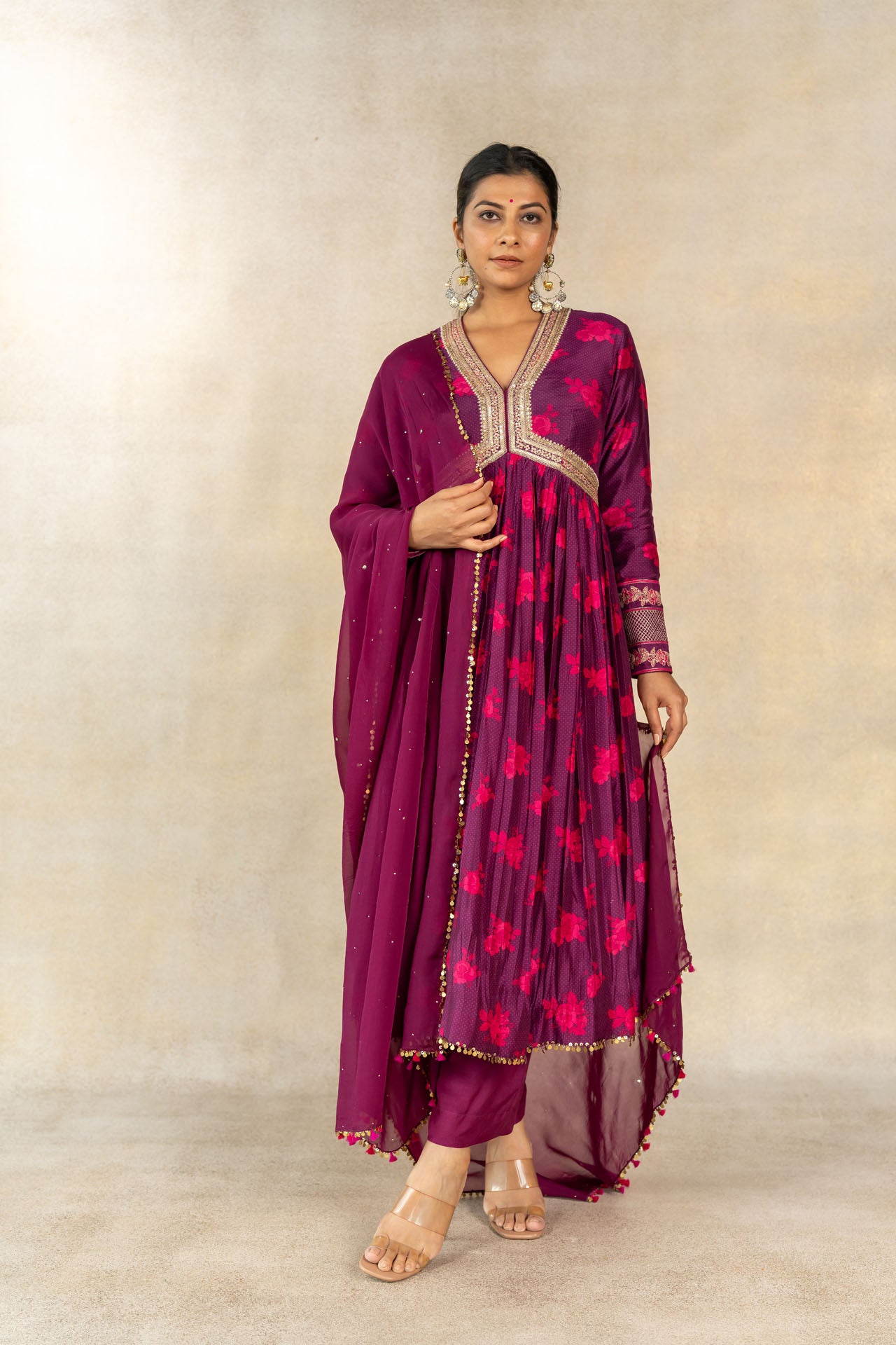Magenta organza mukaish work dupatta