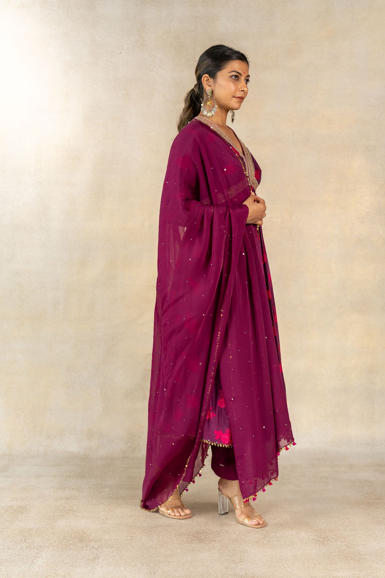 Magenta organza mukaish work dupatta