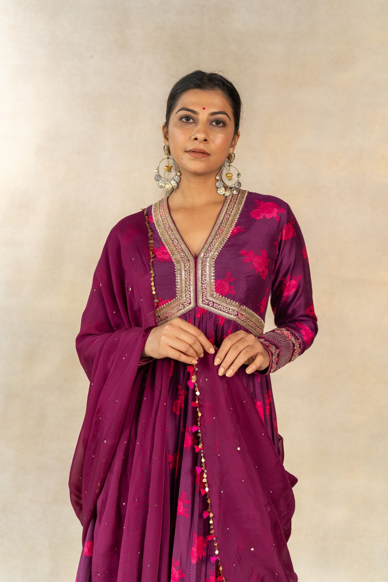 Magenta organza mukaish work dupatta