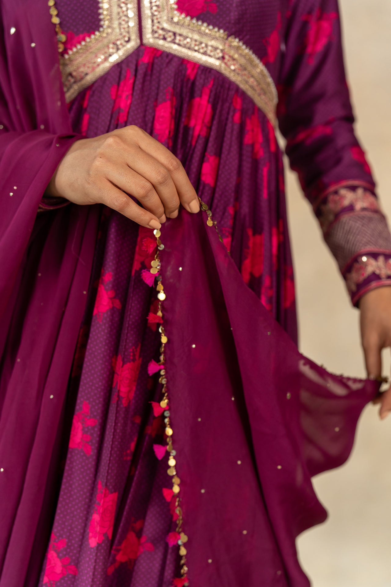 Magenta organza mukaish work dupatta