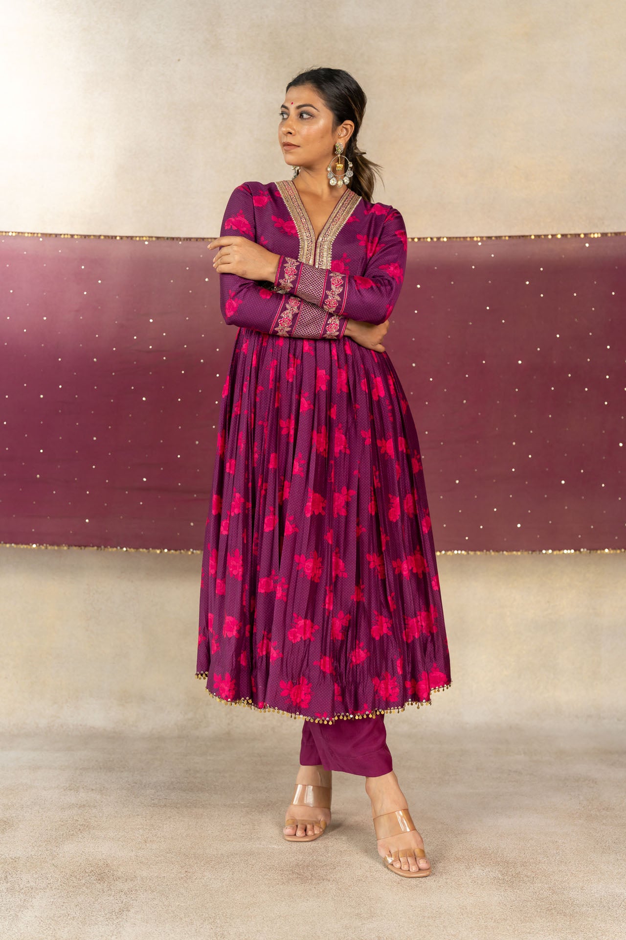 Magenta organza mukaish work dupatta