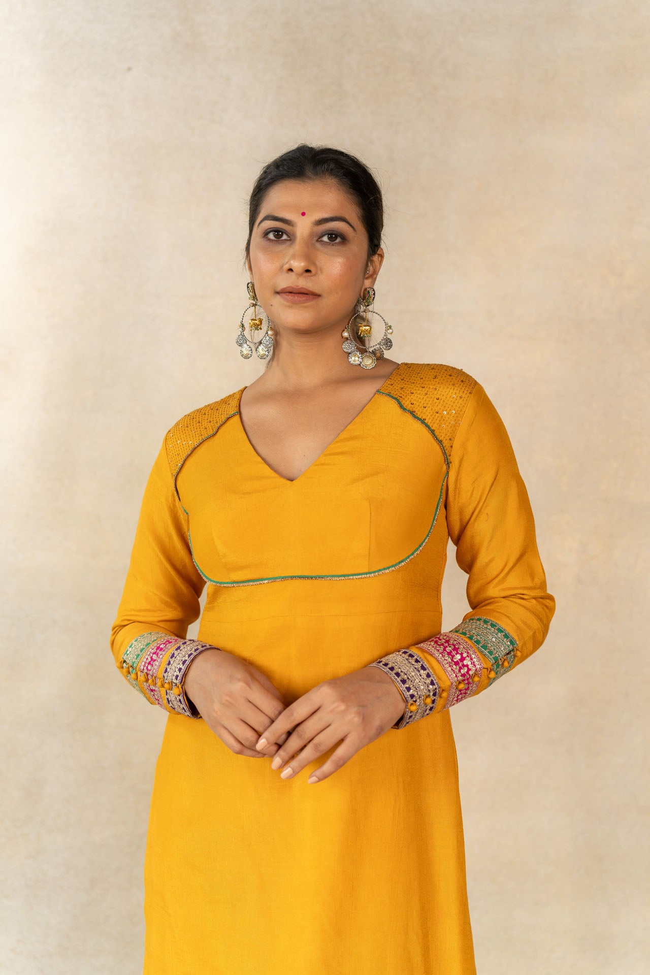 Mustard yoke detail kurta set