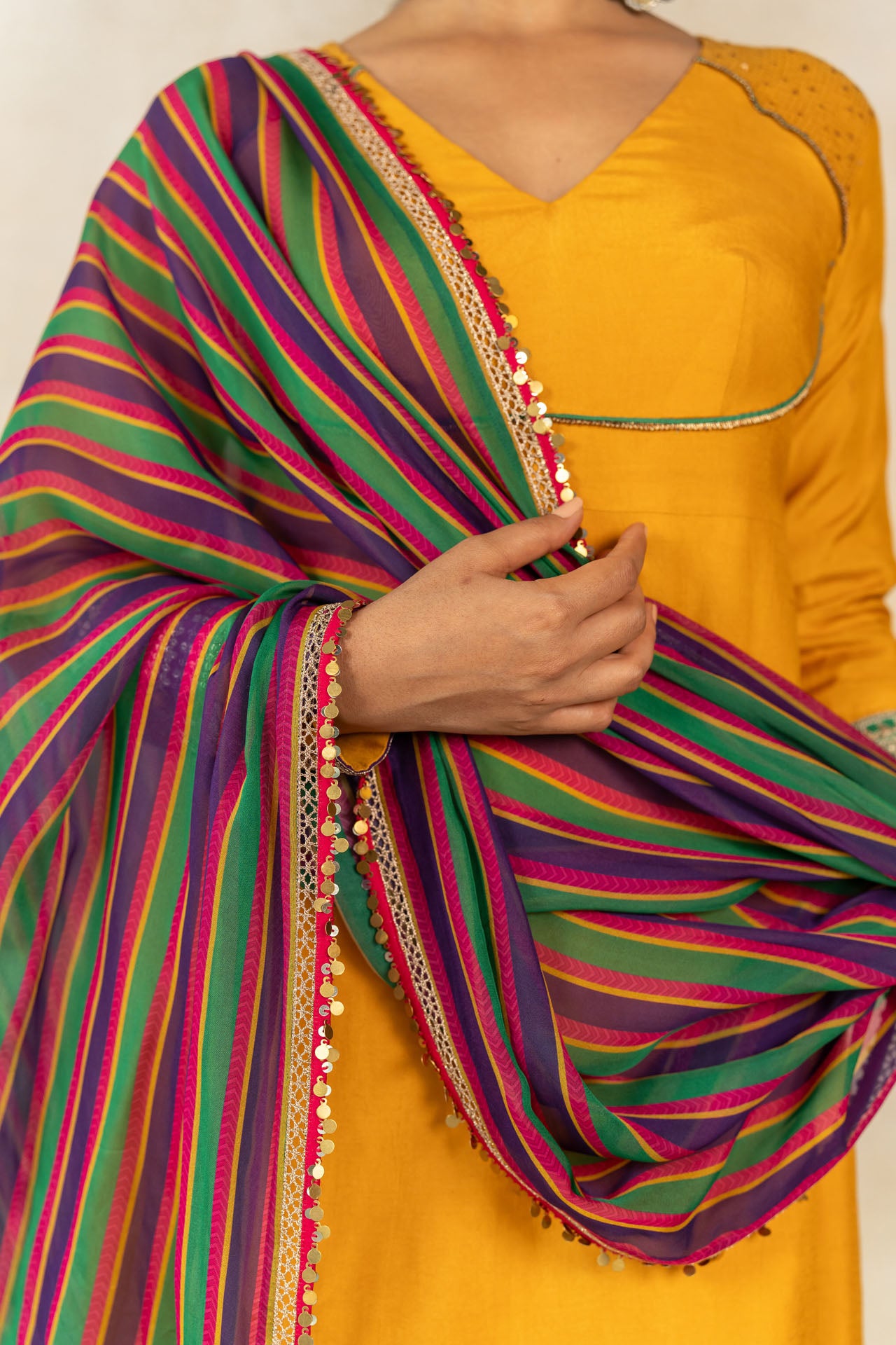 Green-purple multicolor striped printed coin-sequins detailed dupatta