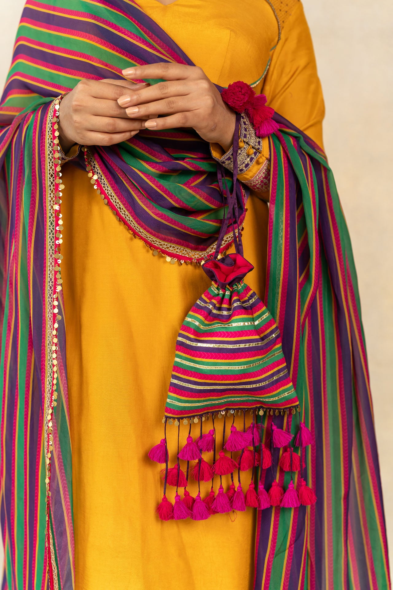 Green-purple striped printed potli bag