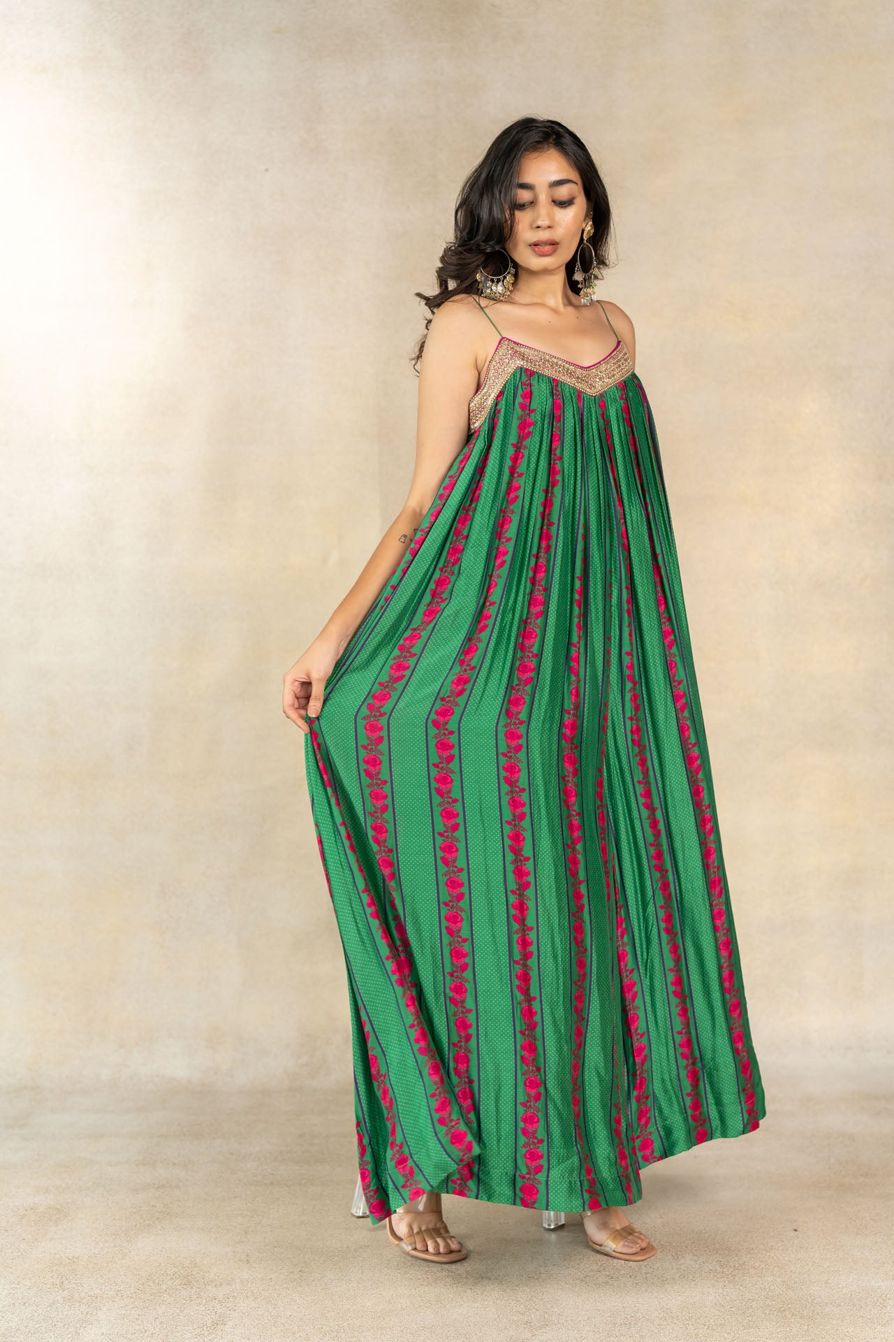 Dark green floral-dot striped printed baggy jumpsuit