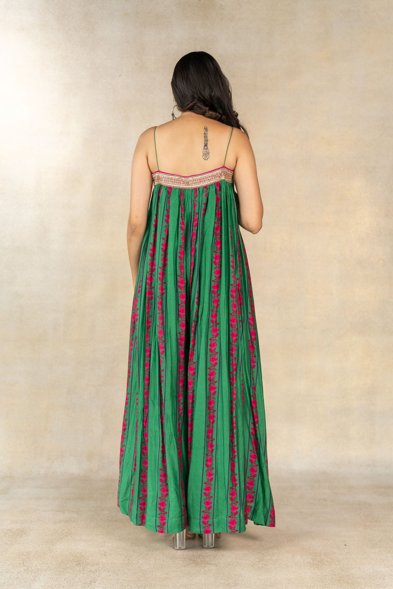 Dark green floral-dot striped printed baggy jumpsuit