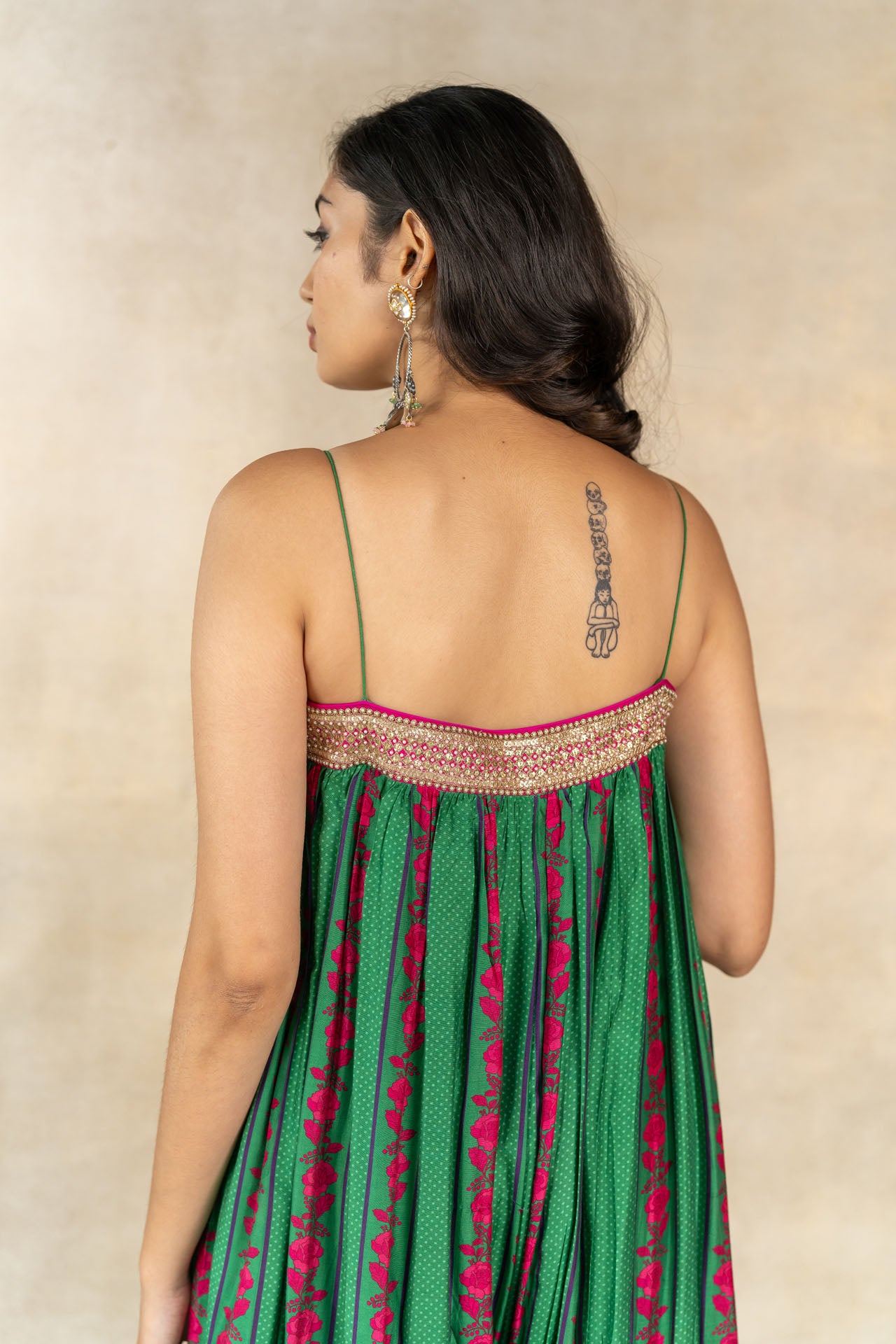 Dark green floral-dot striped printed baggy jumpsuit