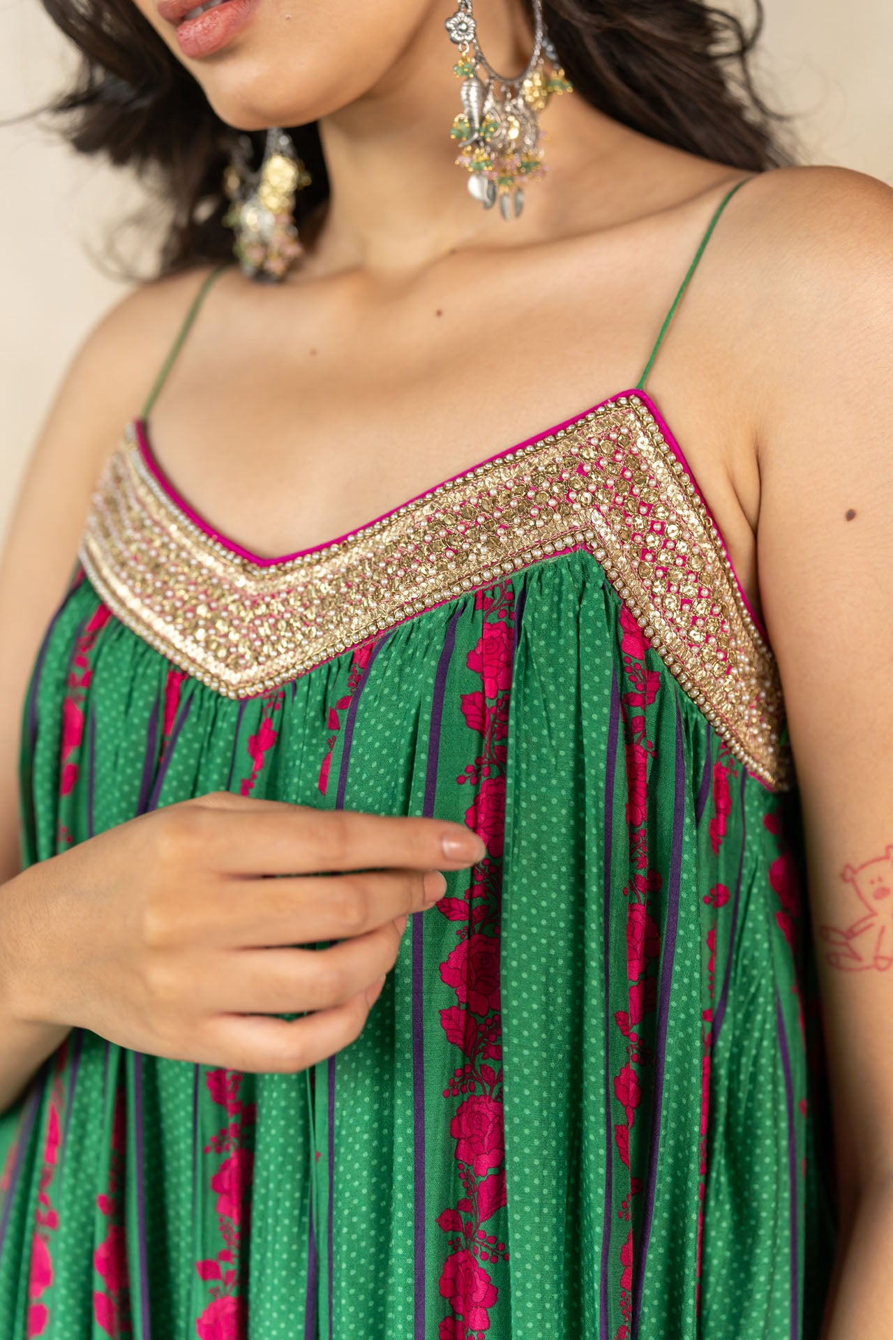 Dark green floral-dot striped printed baggy jumpsuit