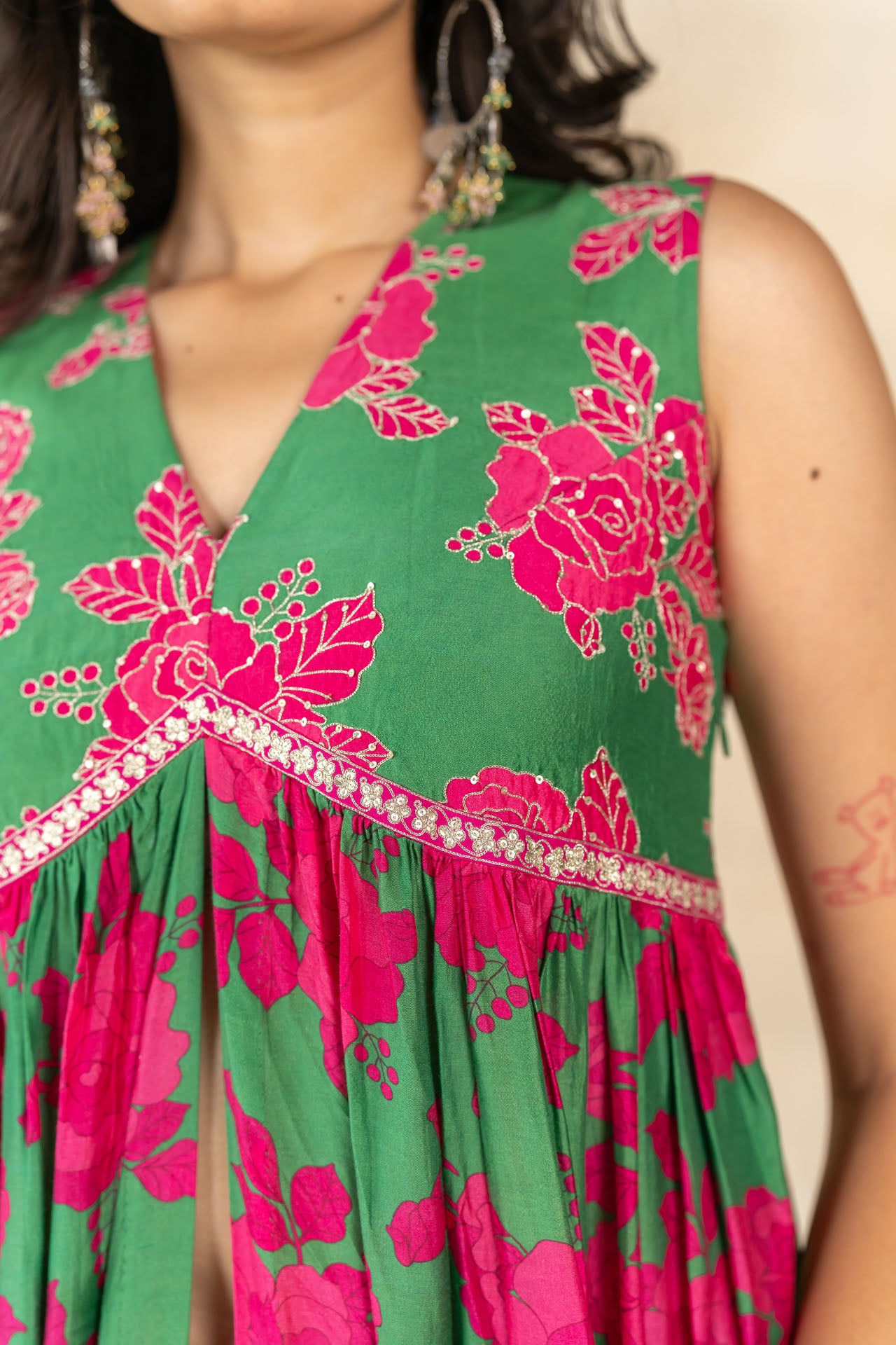 Dark green floral printed sharara set