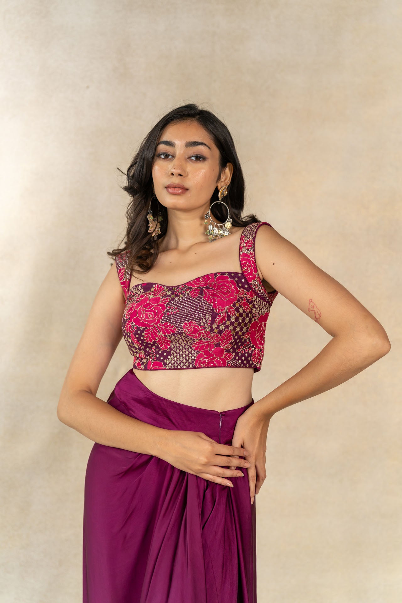 Magenta draped skirt set