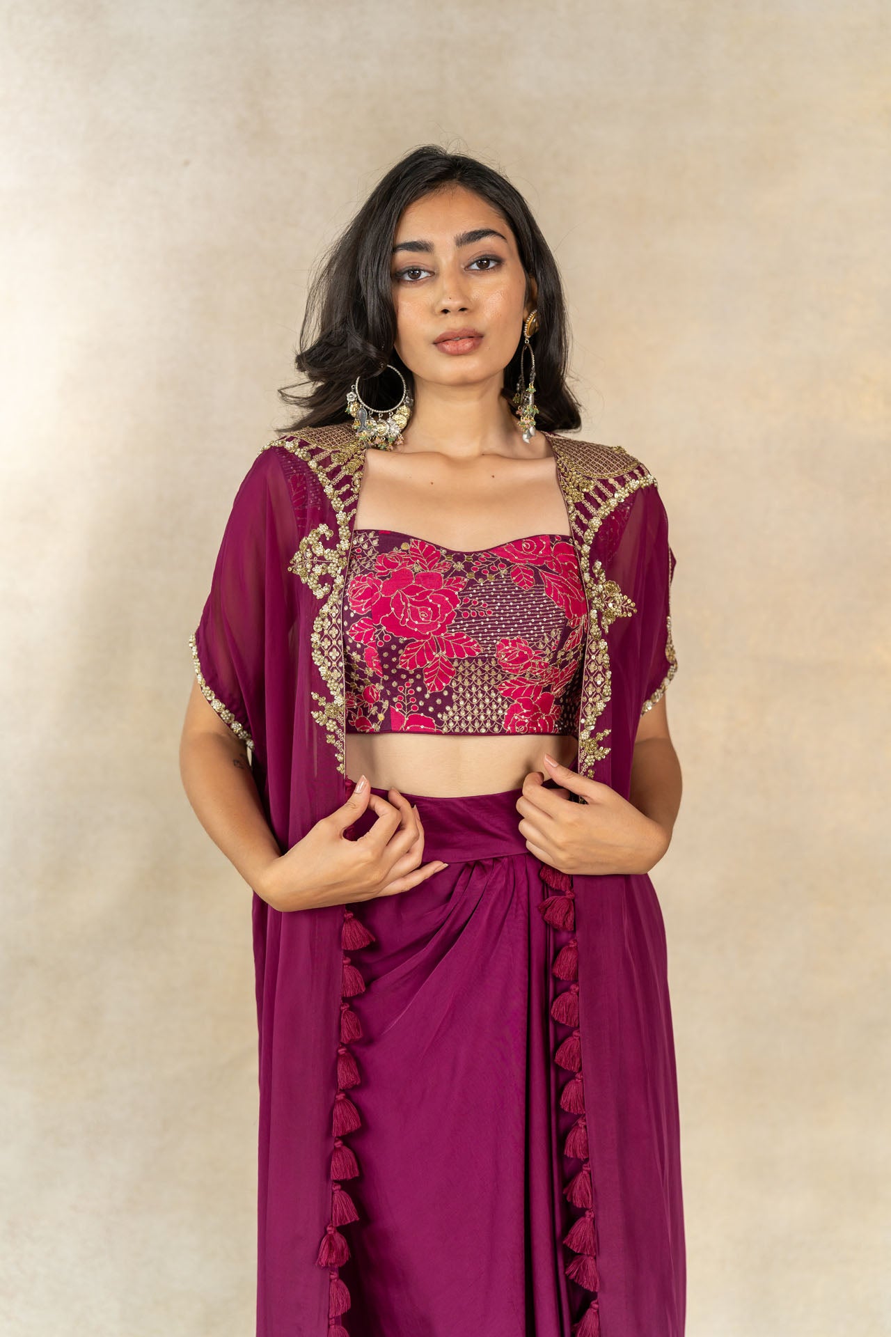 Magenta draped skirt set