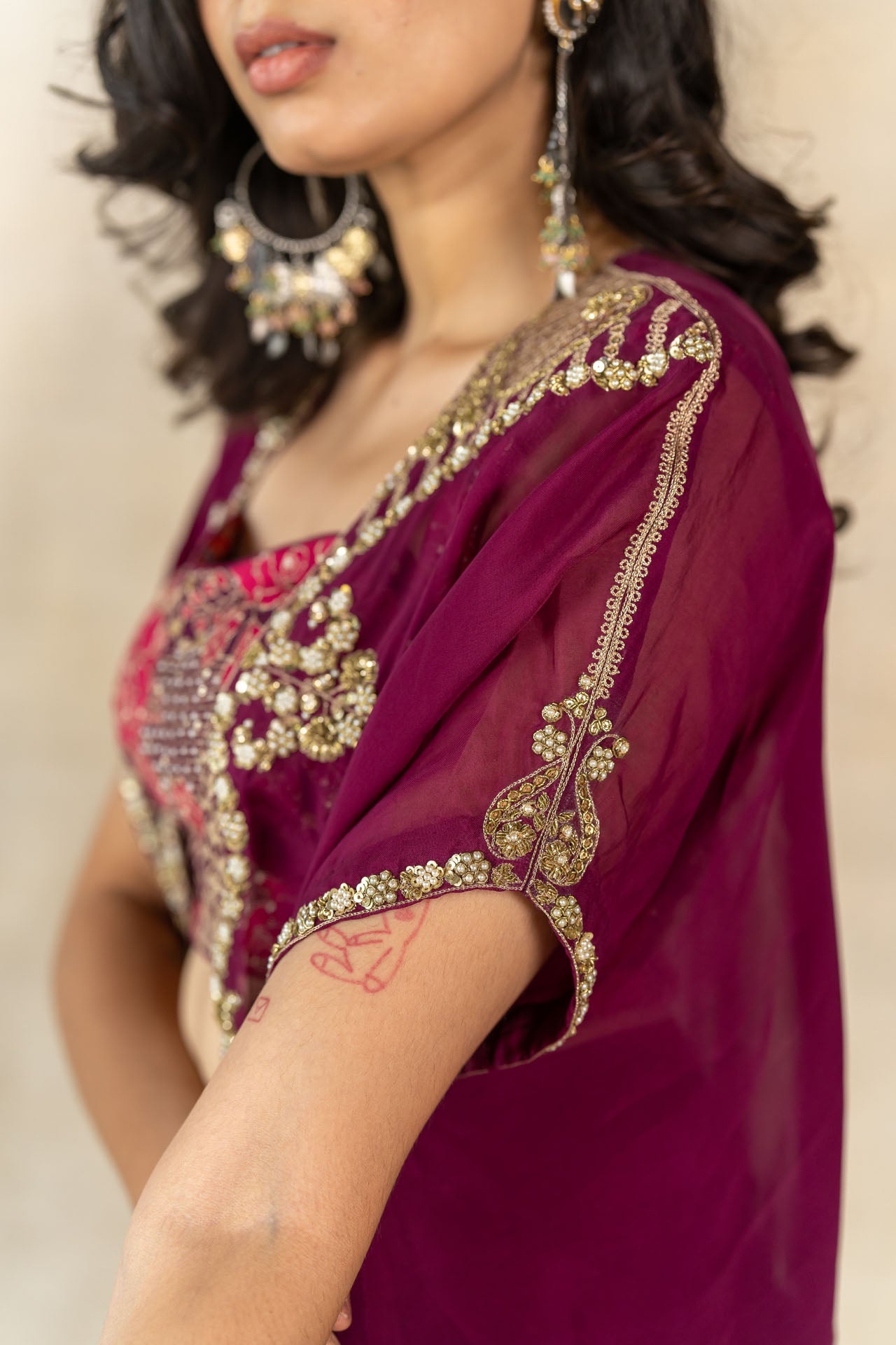 Magenta draped skirt set