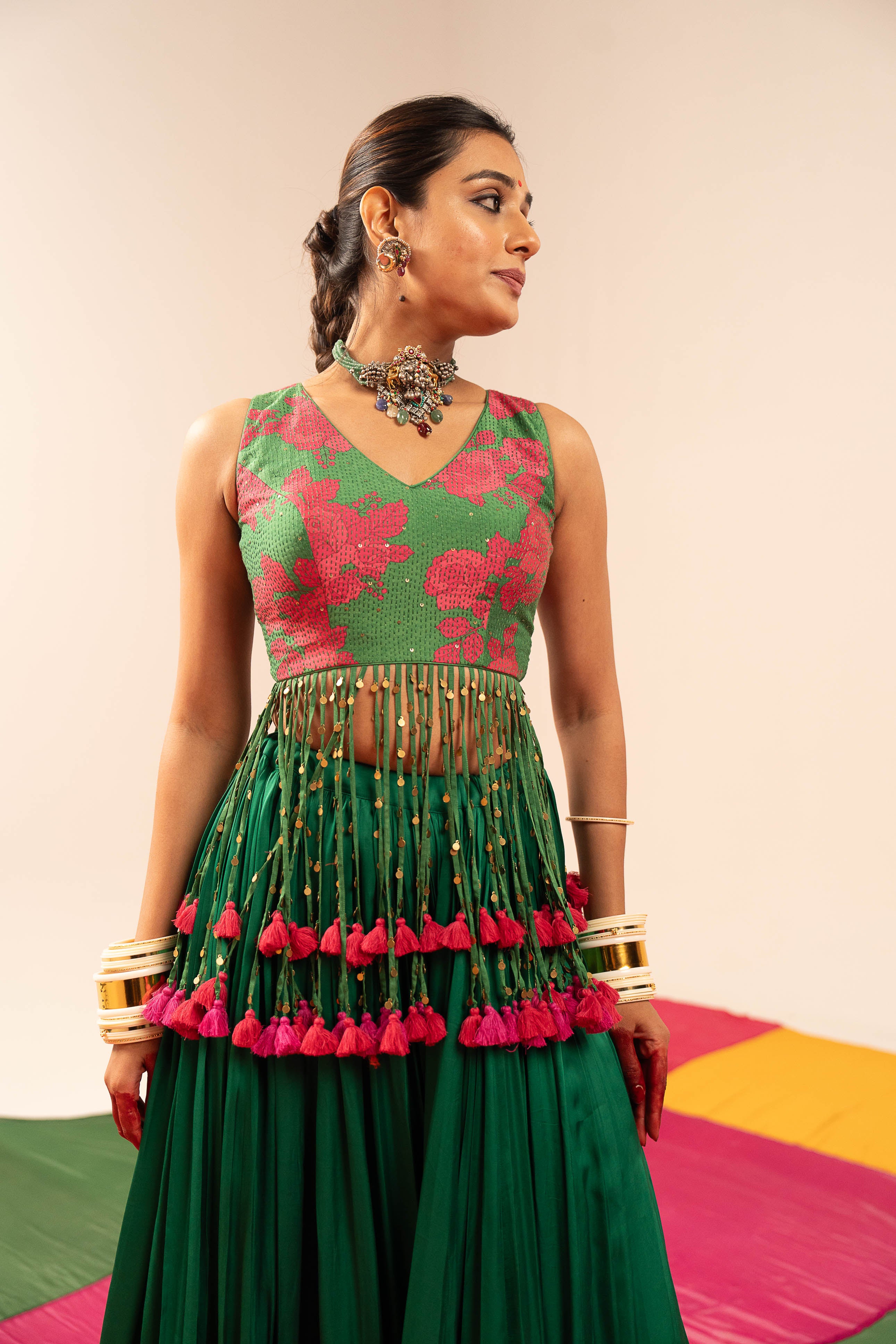 Dark Green Floral Lehenga Set