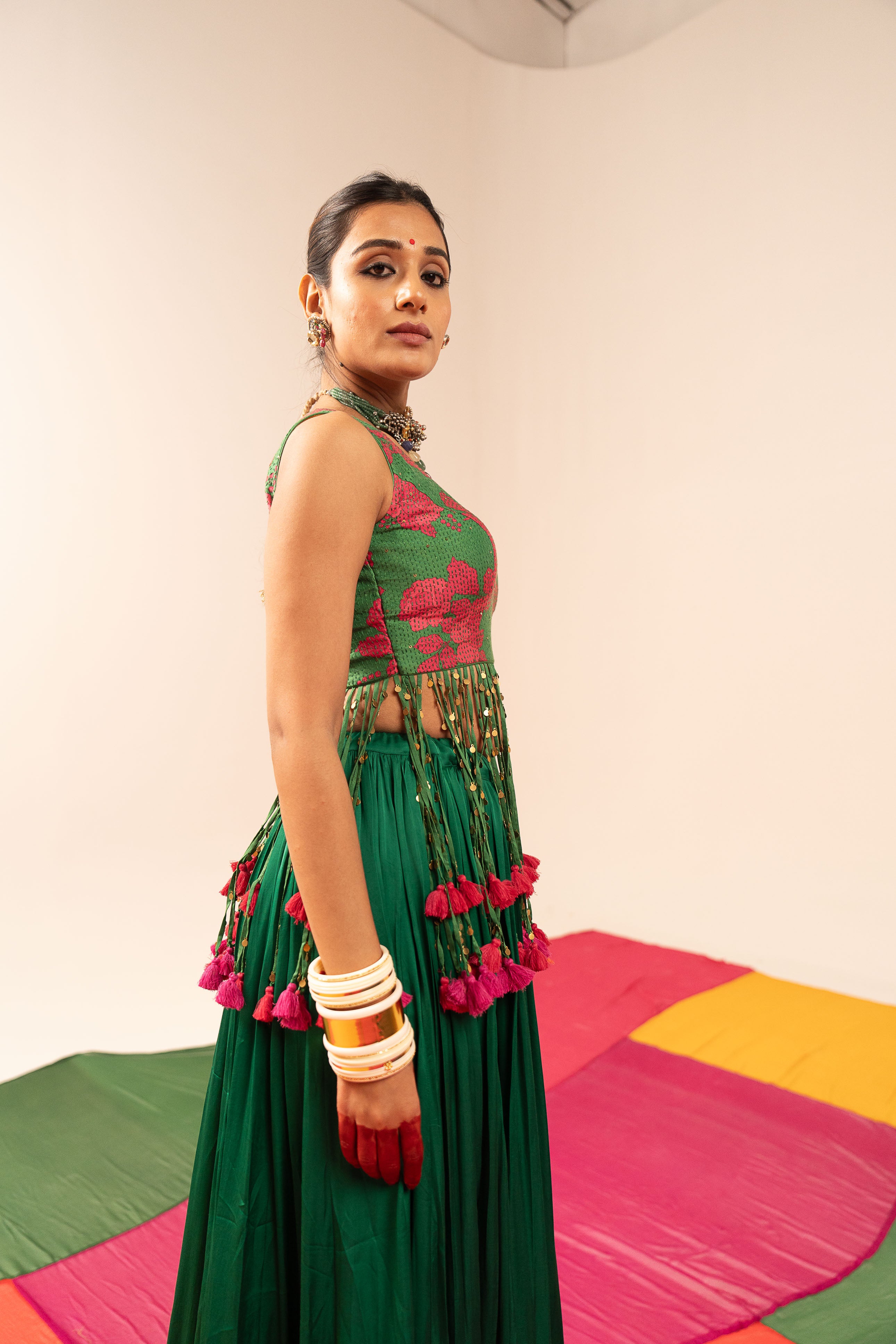 Dark Green Floral Lehenga Set