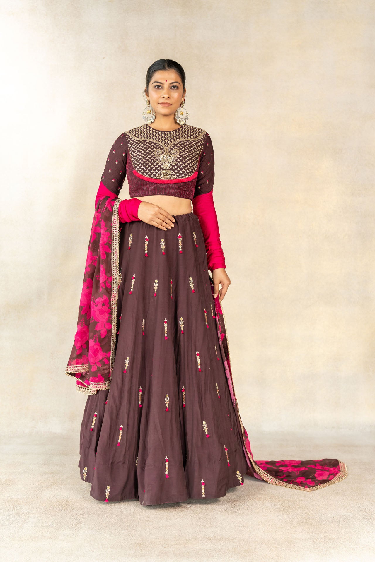 Brown hand embroidered yoke lehenga set