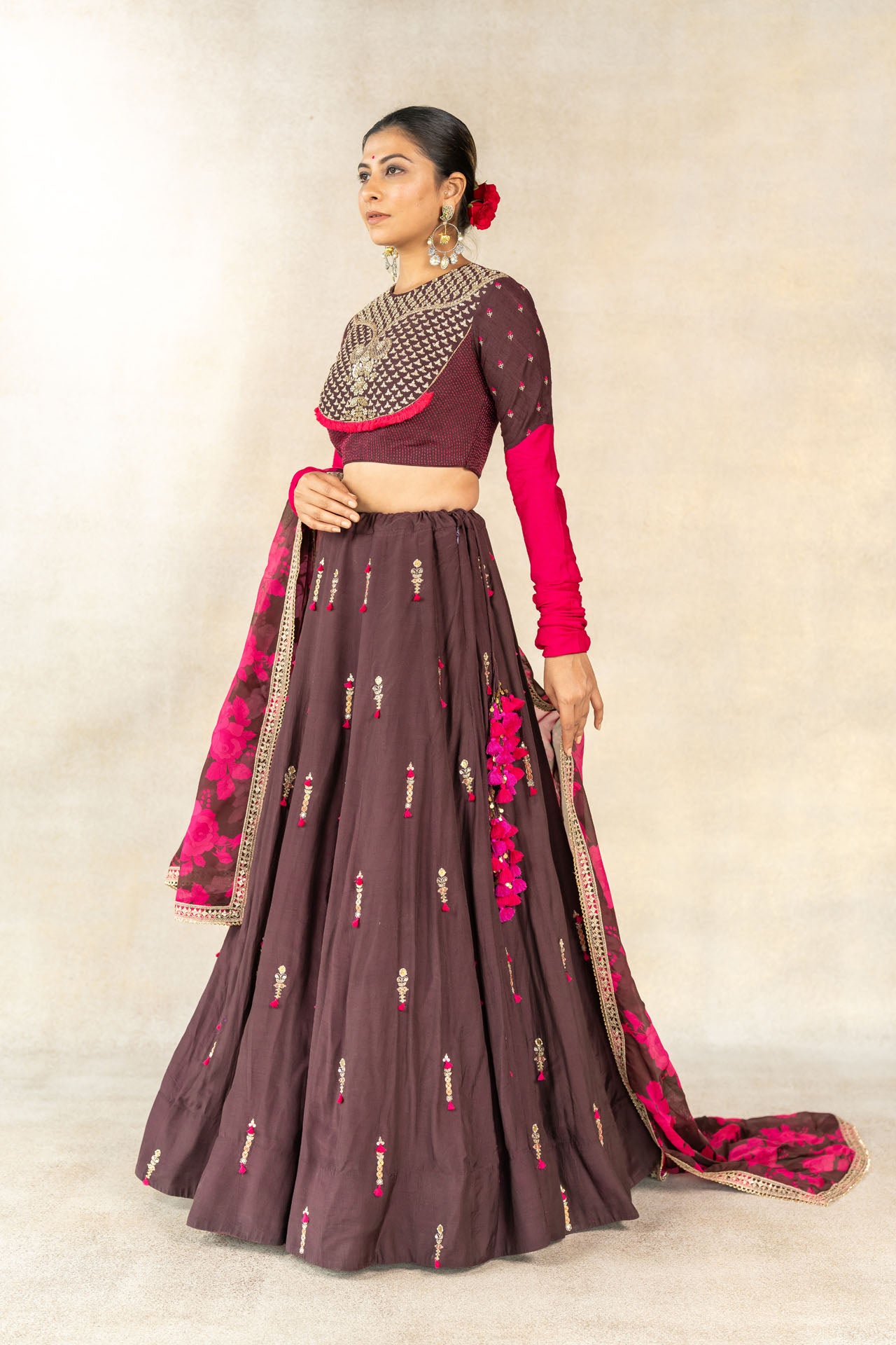 Brown hand embroidered yoke lehenga set