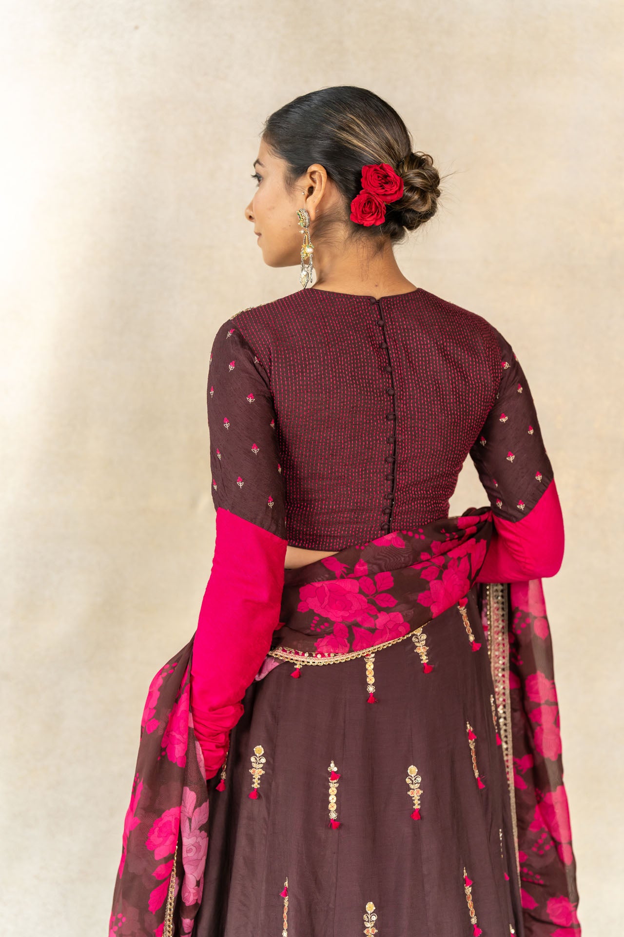 Brown hand embroidered yoke lehenga set