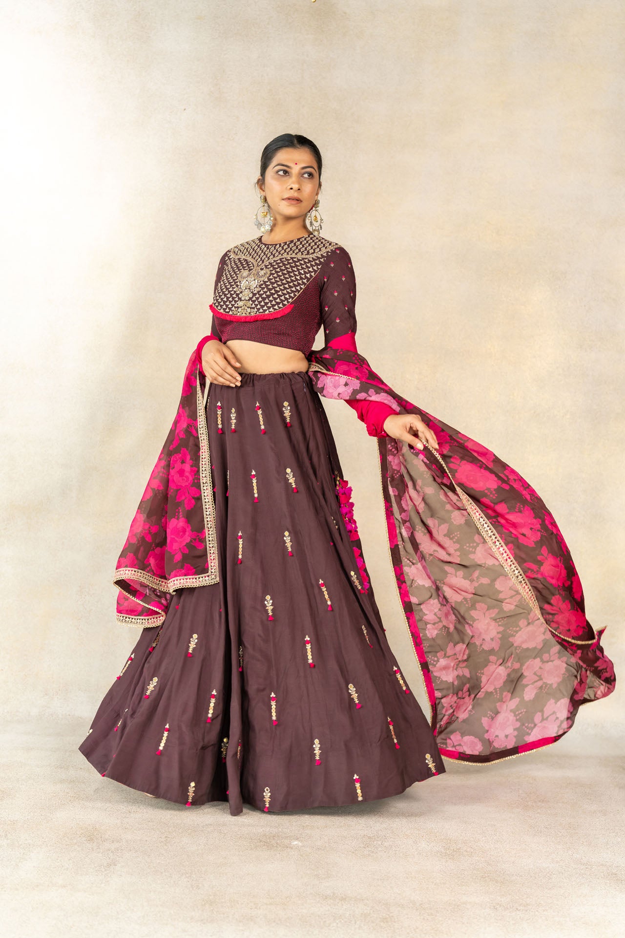Brown hand embroidered yoke lehenga set