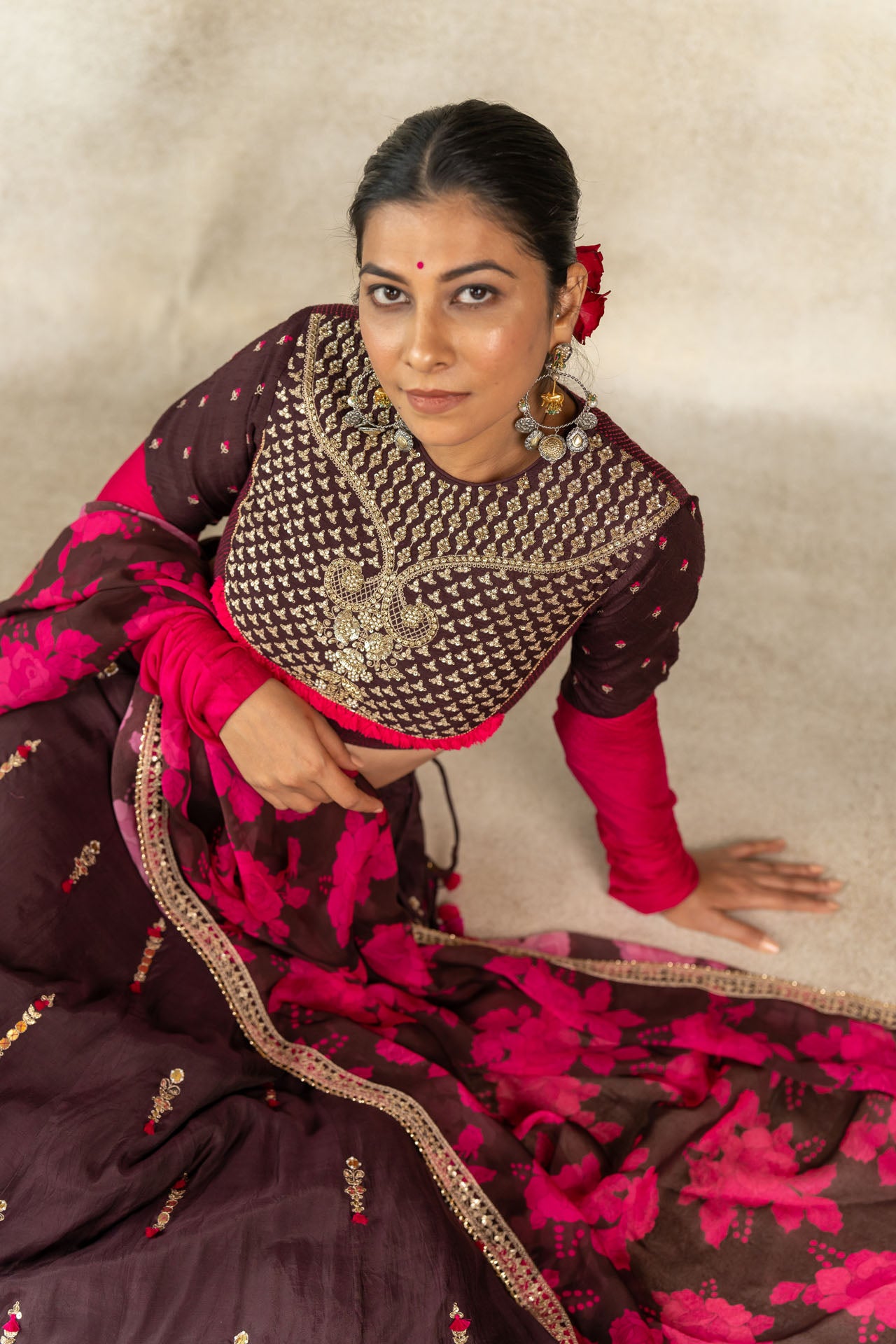 Brown hand embroidered yoke lehenga set