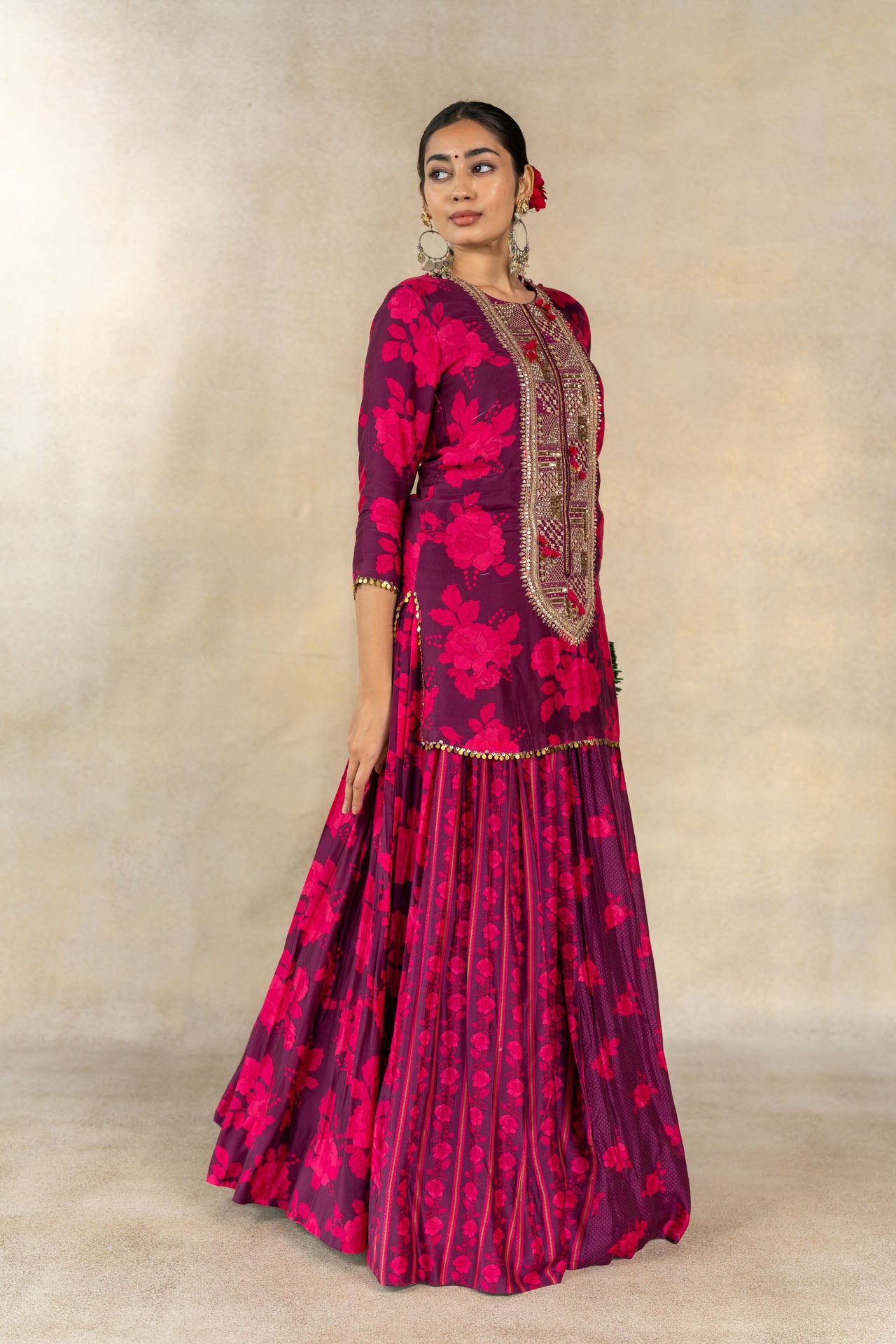 Magenta multi-printed lehenga set