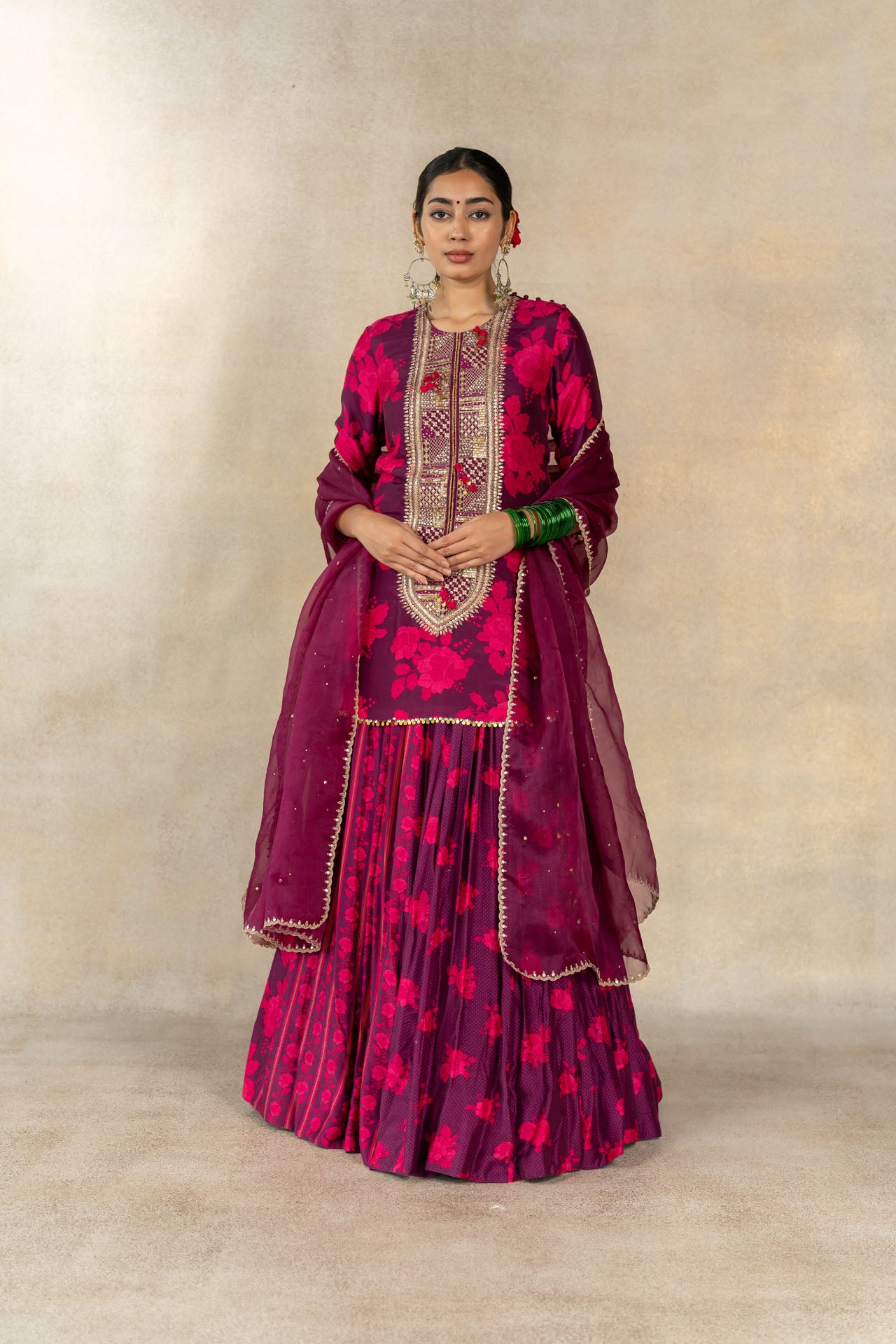 Magenta multi-printed lehenga set