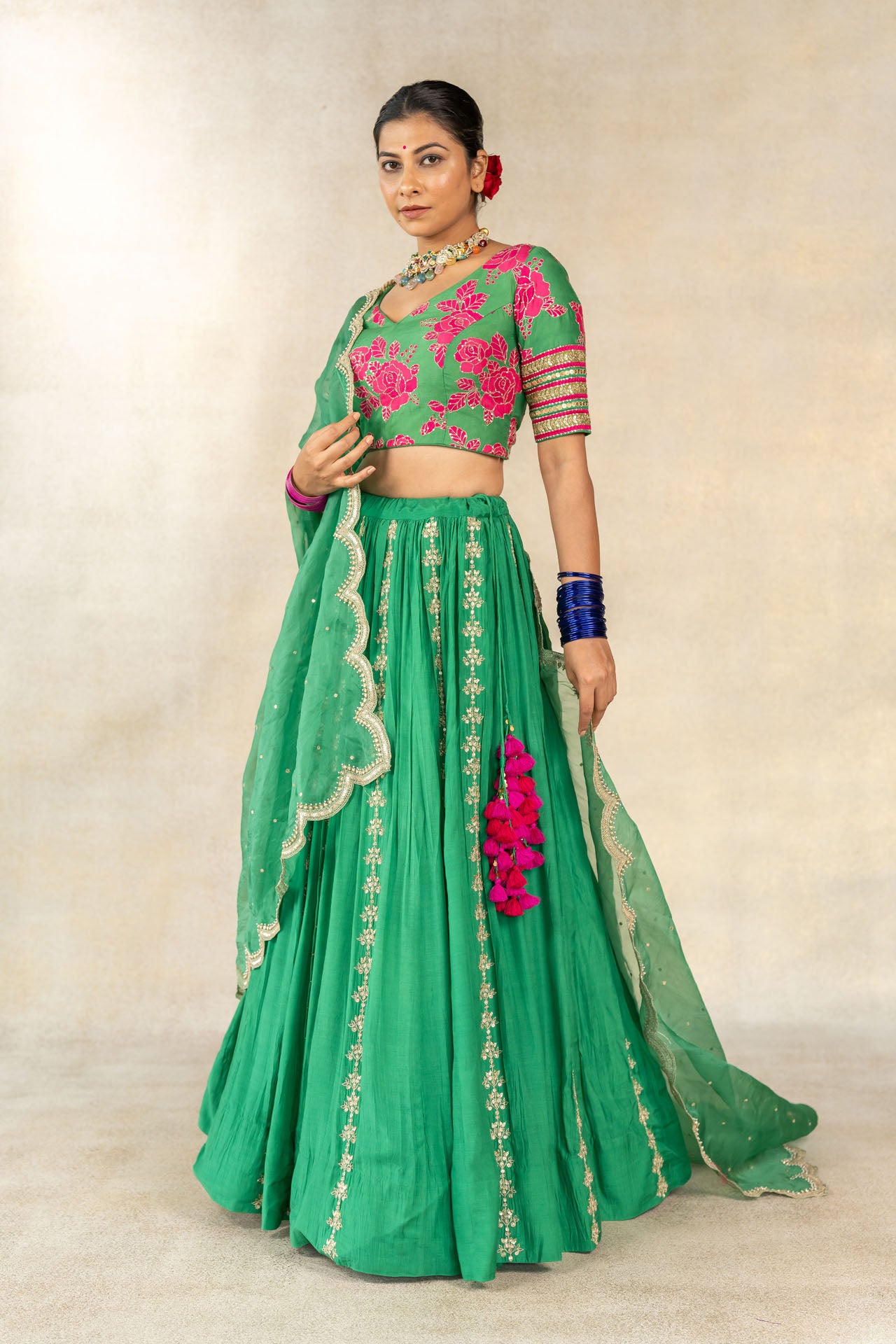 Dark green floral print embroidered lehenga set