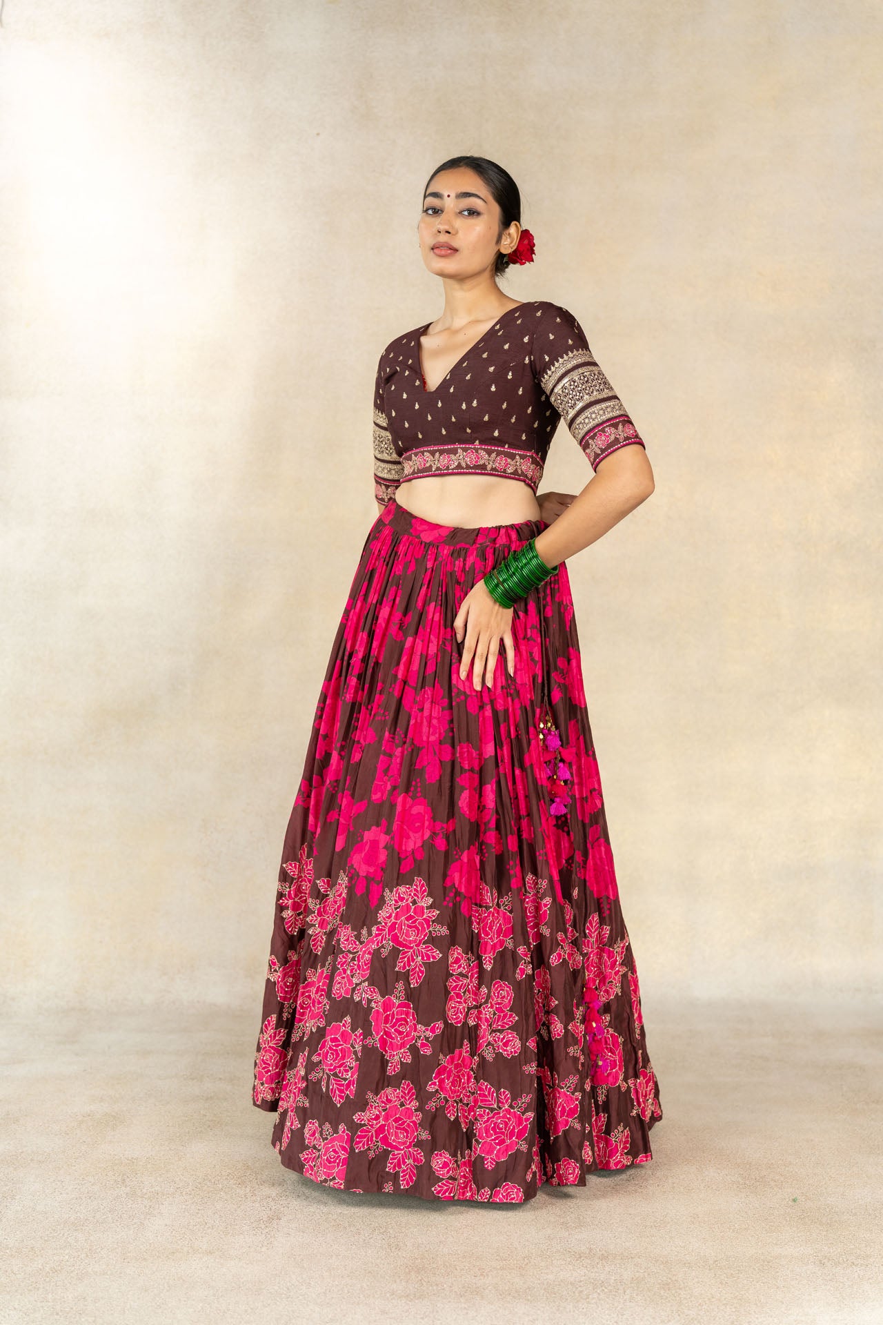 Brown floral printed embroidered lehenga set