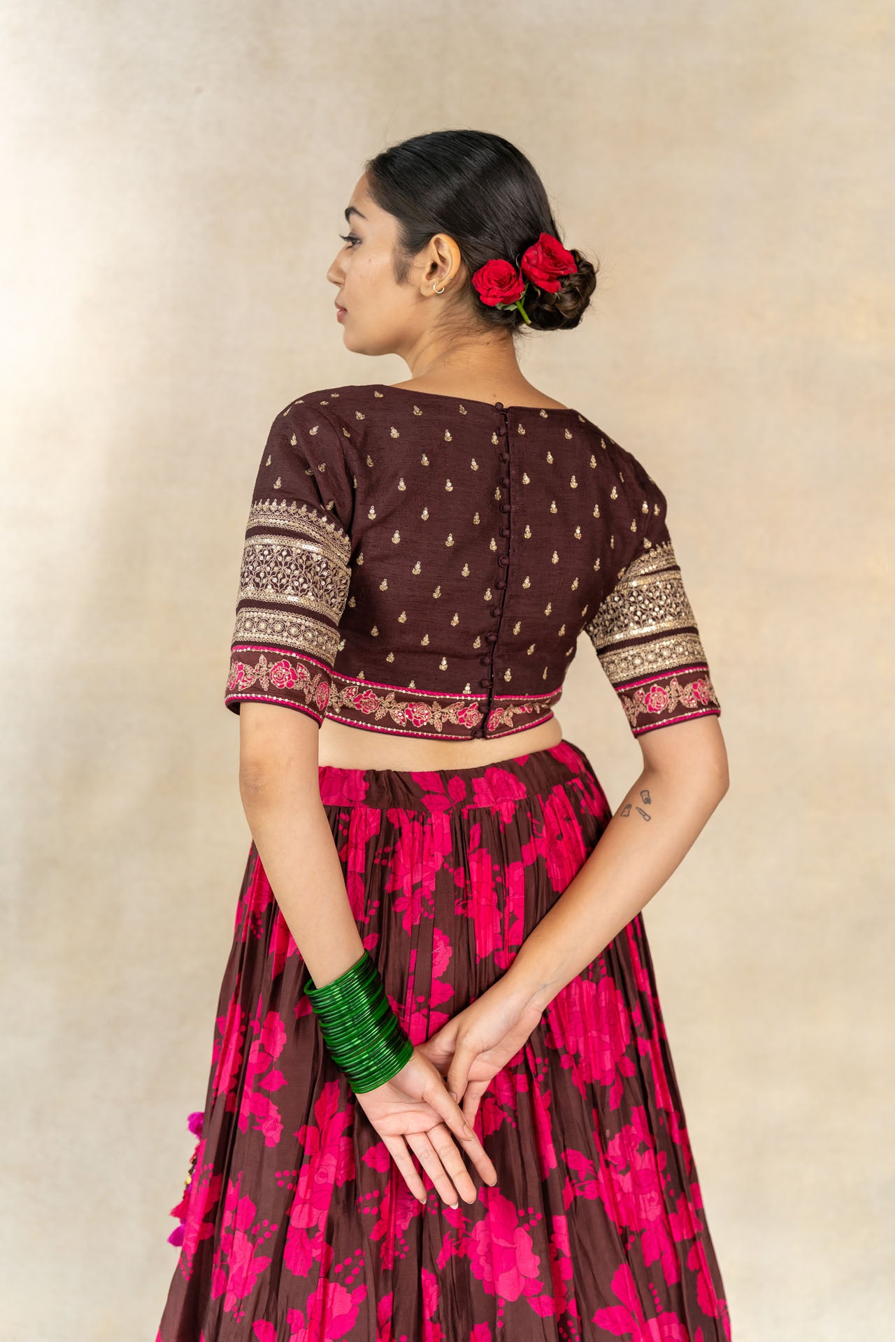 Brown floral printed embroidered lehenga set