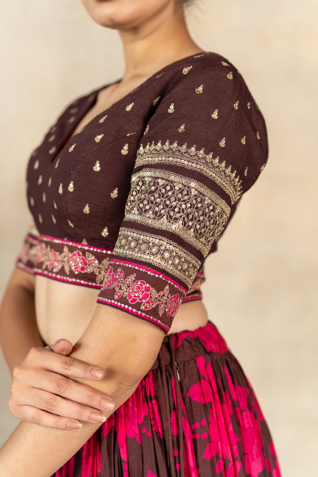 Brown floral printed embroidered lehenga set