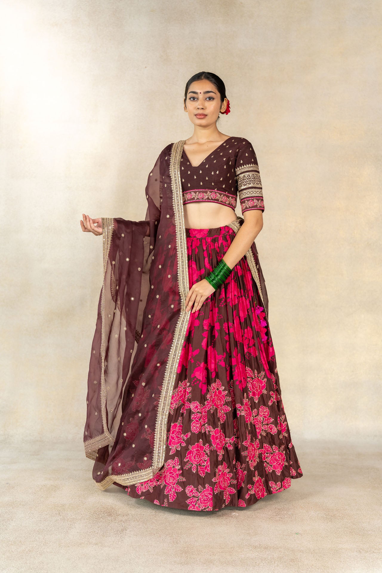 Brown floral printed embroidered lehenga set