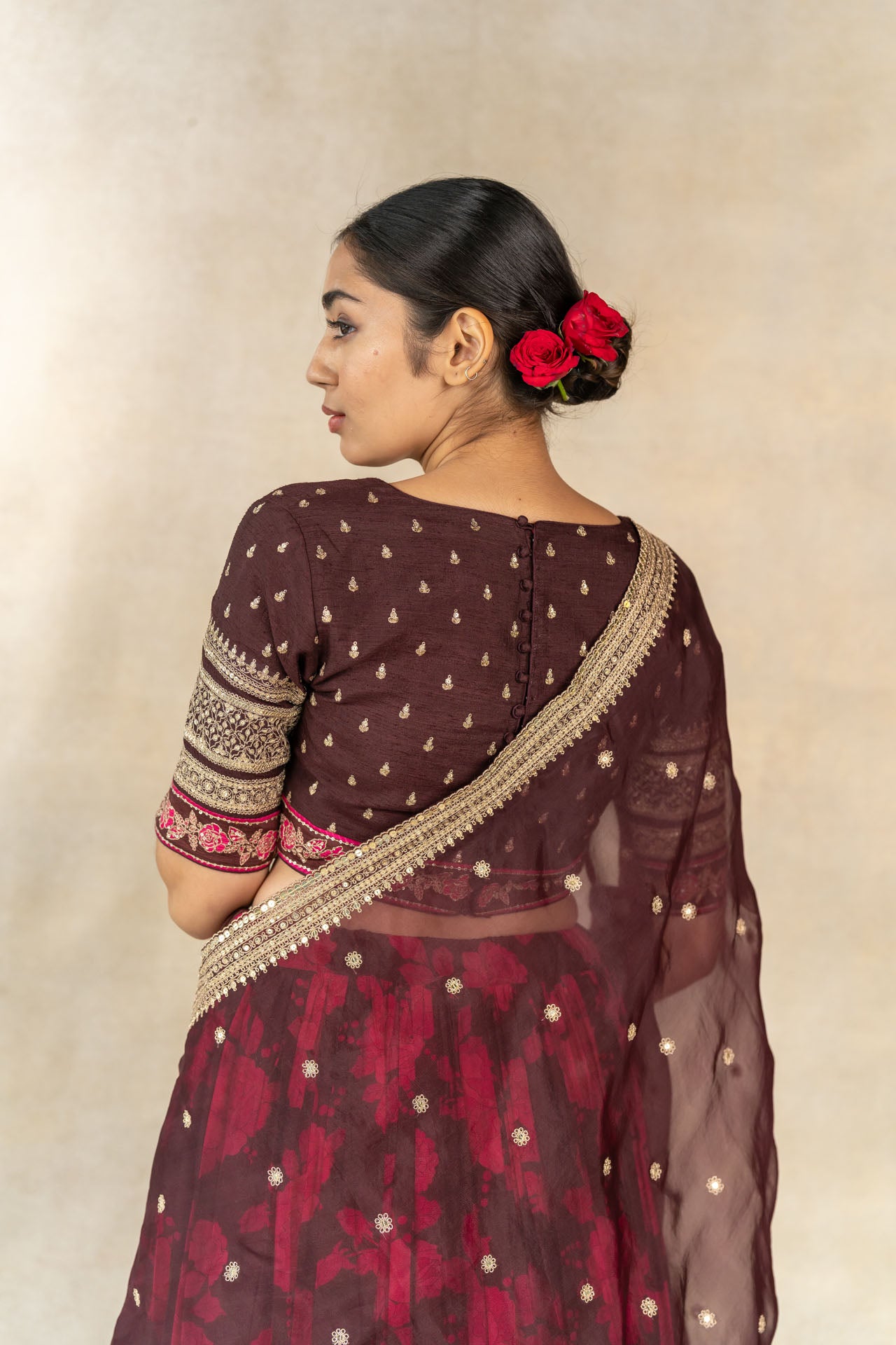 Brown floral printed embroidered lehenga set