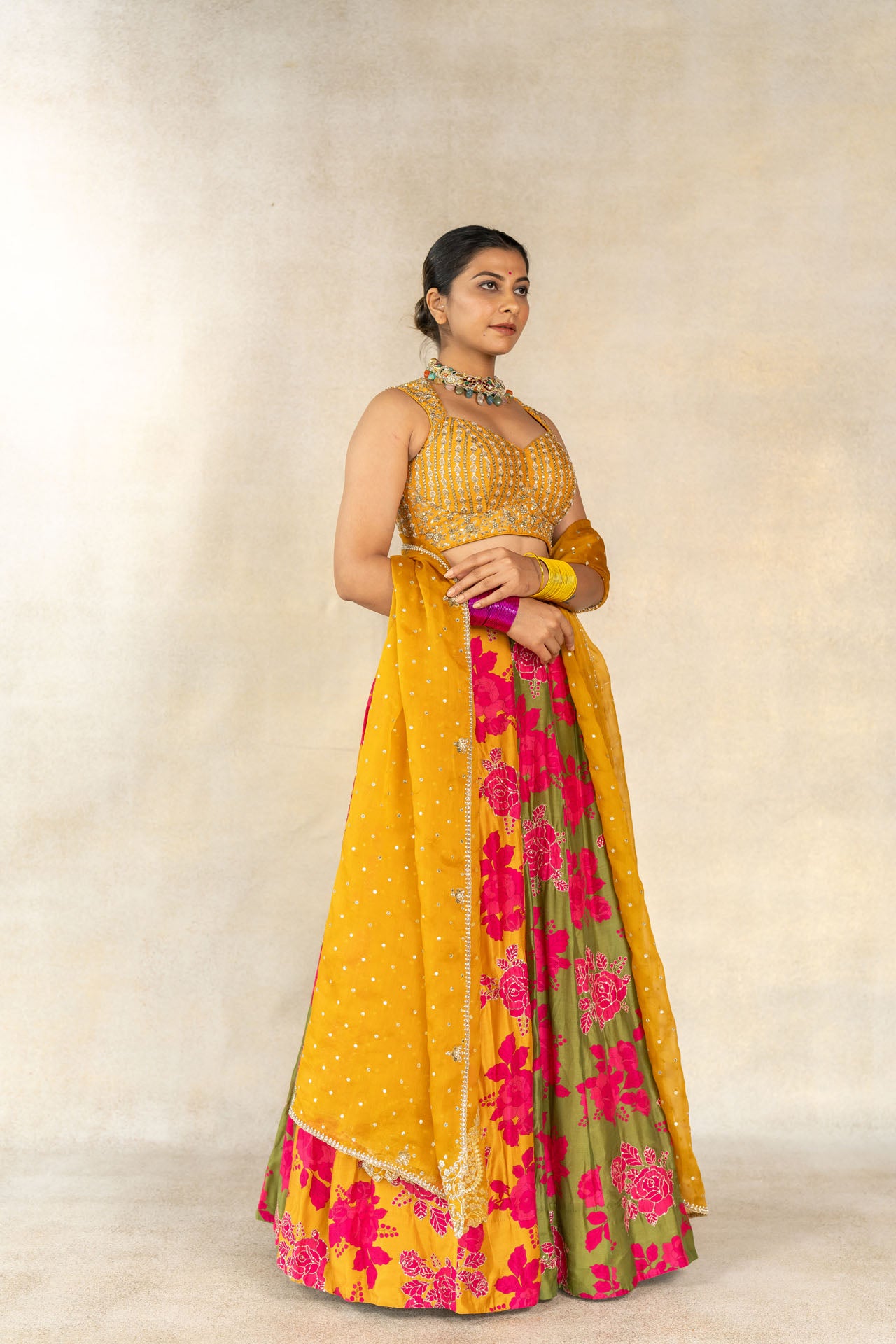 Multi-color floral printed embroidered lehenga set