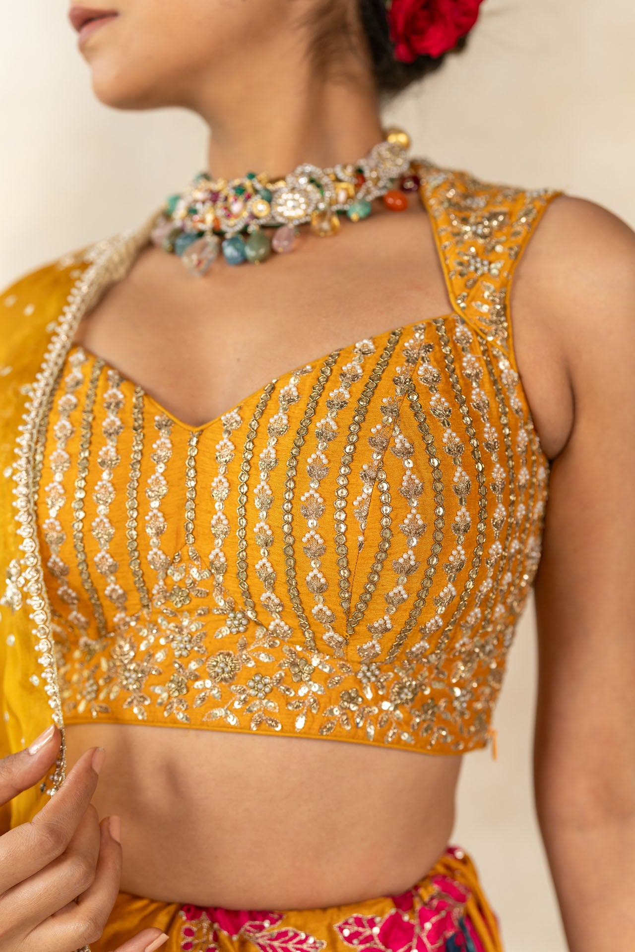 Multi-color floral printed embroidered lehenga set