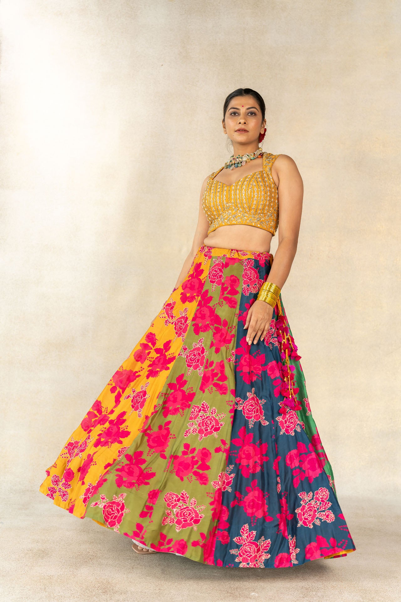 Multi-color floral printed embroidered lehenga set